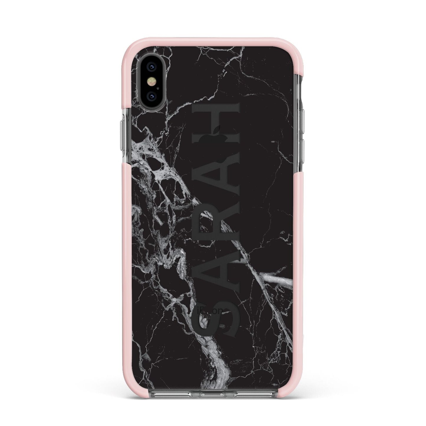 Personalised Clear Name Cutout Black Marble Custom Apple iPhone Xs Max Impact Case Pink Edge on Black Phone