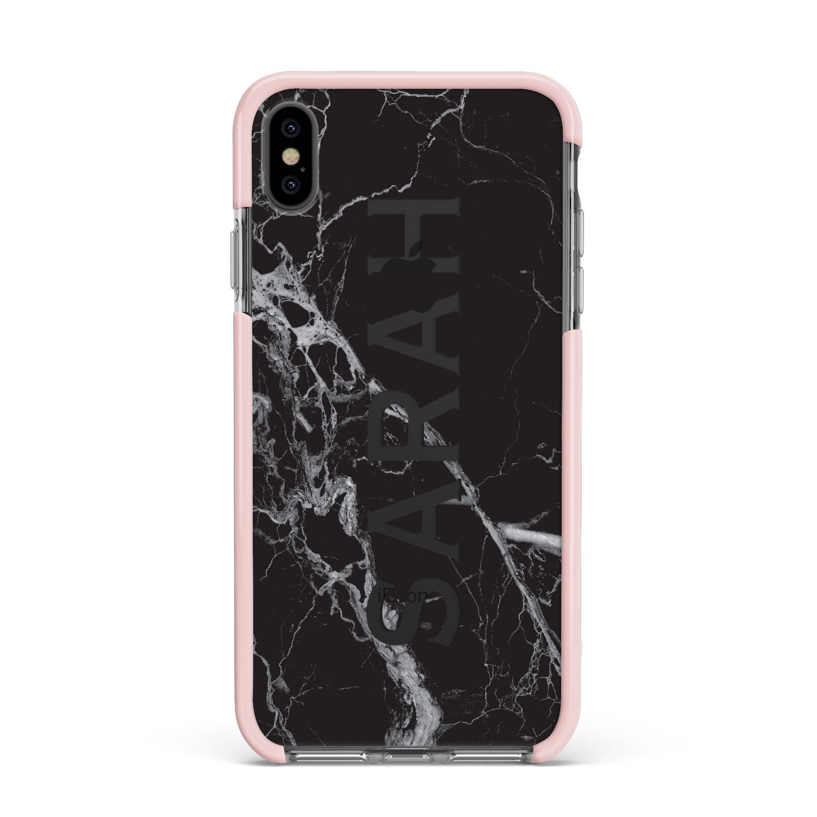 Personalised Clear Name Cutout Black Marble Custom Apple iPhone Xs Max Impact Case Pink Edge on Black Phone