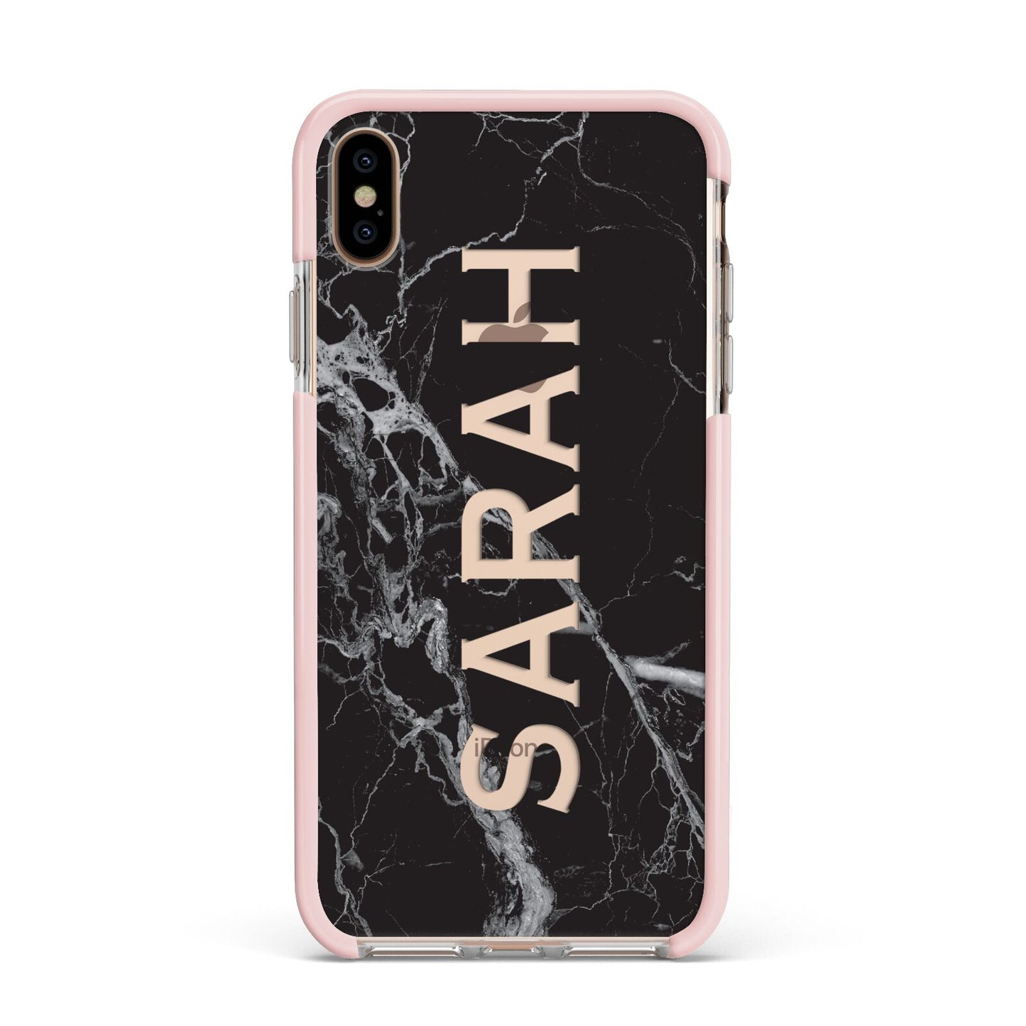 Personalised Clear Name Cutout Black Marble Custom Apple iPhone Xs Max Impact Case Pink Edge on Gold Phone