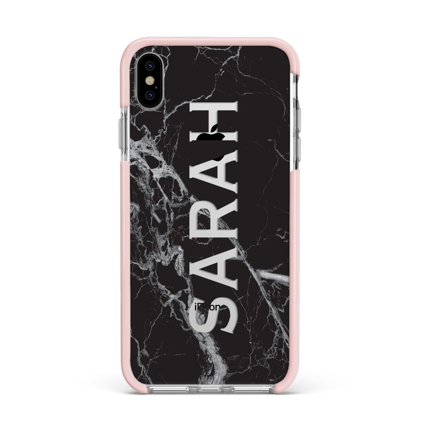 Personalised Clear Name Cutout Black Marble Custom Apple iPhone Xs Max Impact Case Pink Edge on Silver Phone