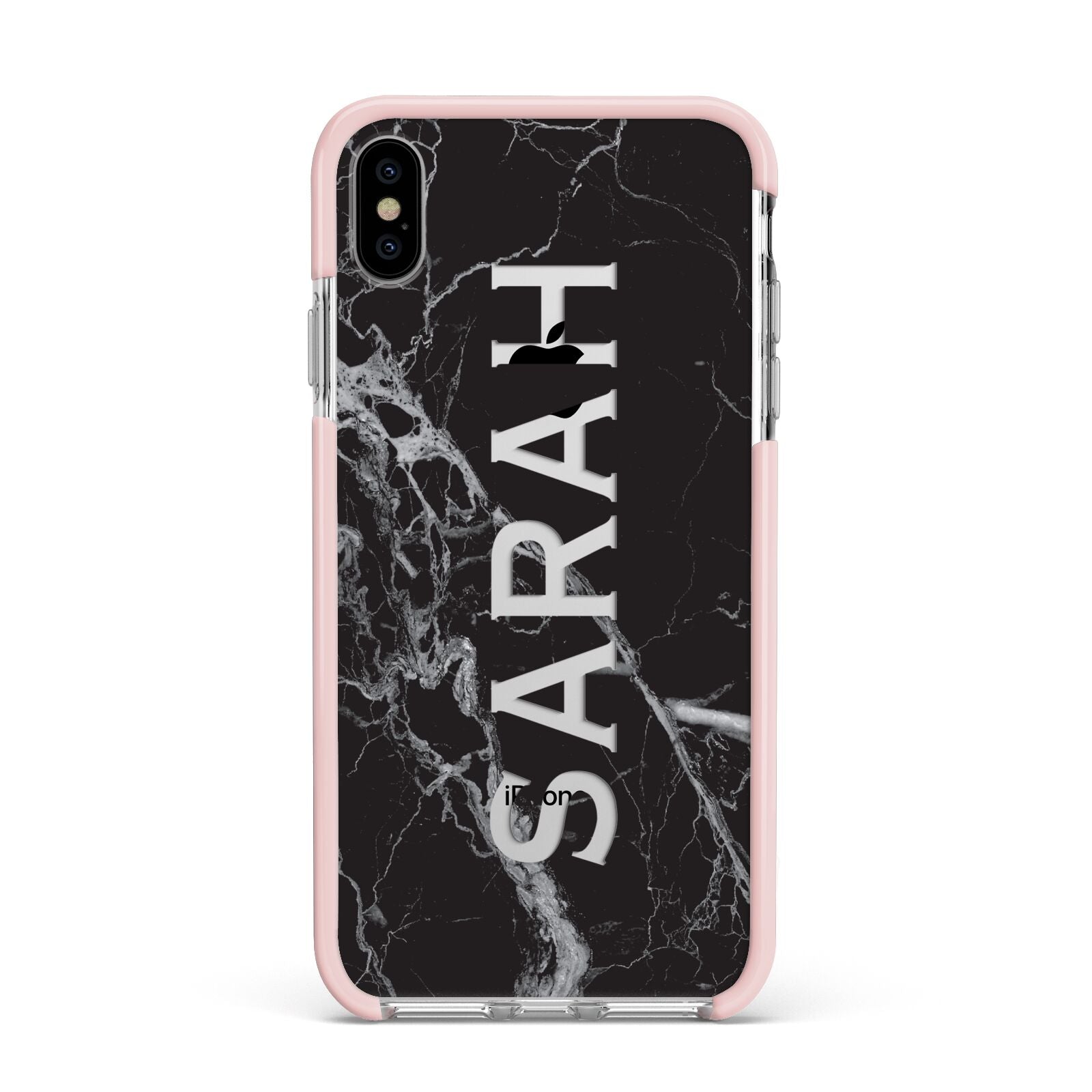 Personalised Clear Name Cutout Black Marble Custom Apple iPhone Xs Max Impact Case Pink Edge on Silver Phone