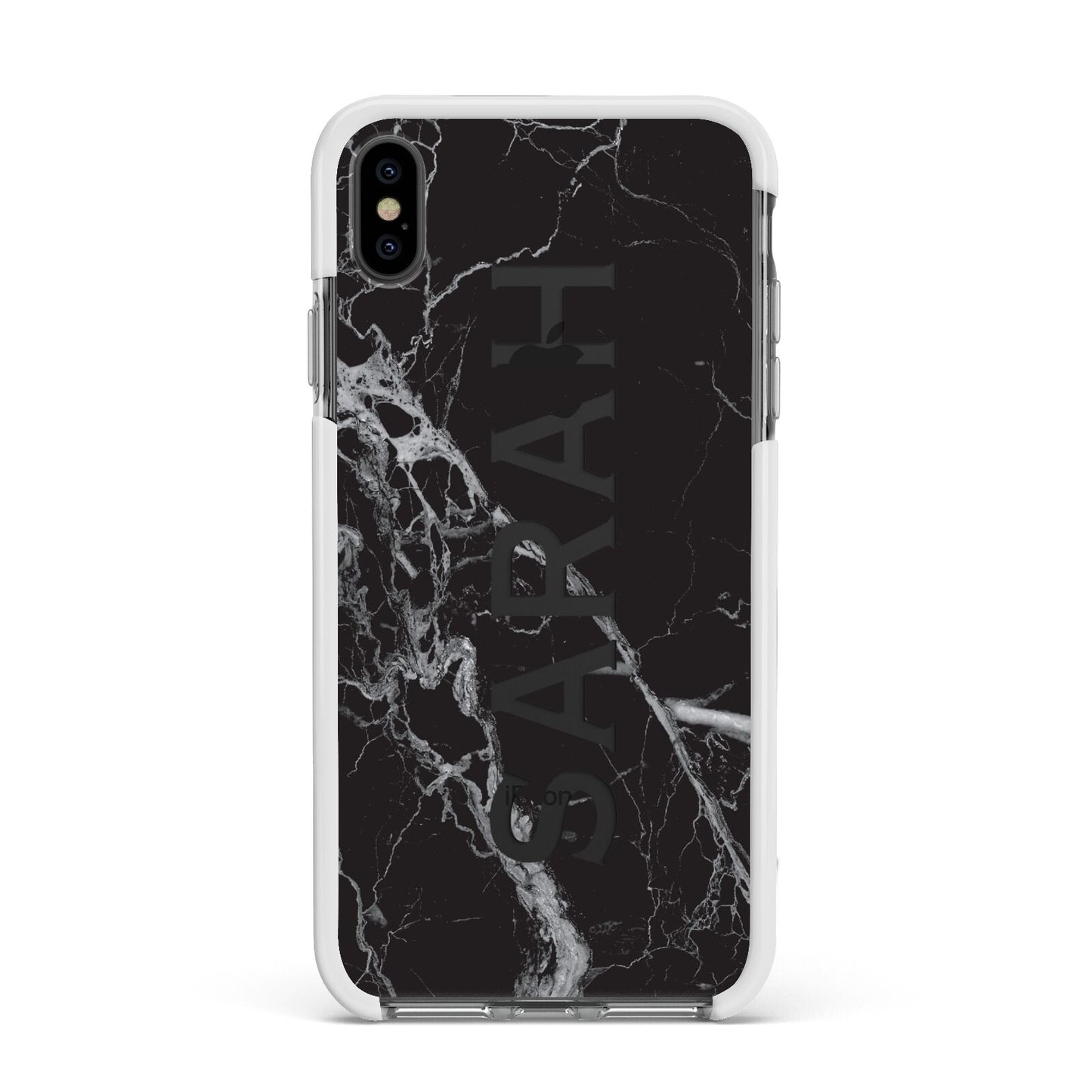 Personalised Clear Name Cutout Black Marble Custom Apple iPhone Xs Max Impact Case White Edge on Black Phone