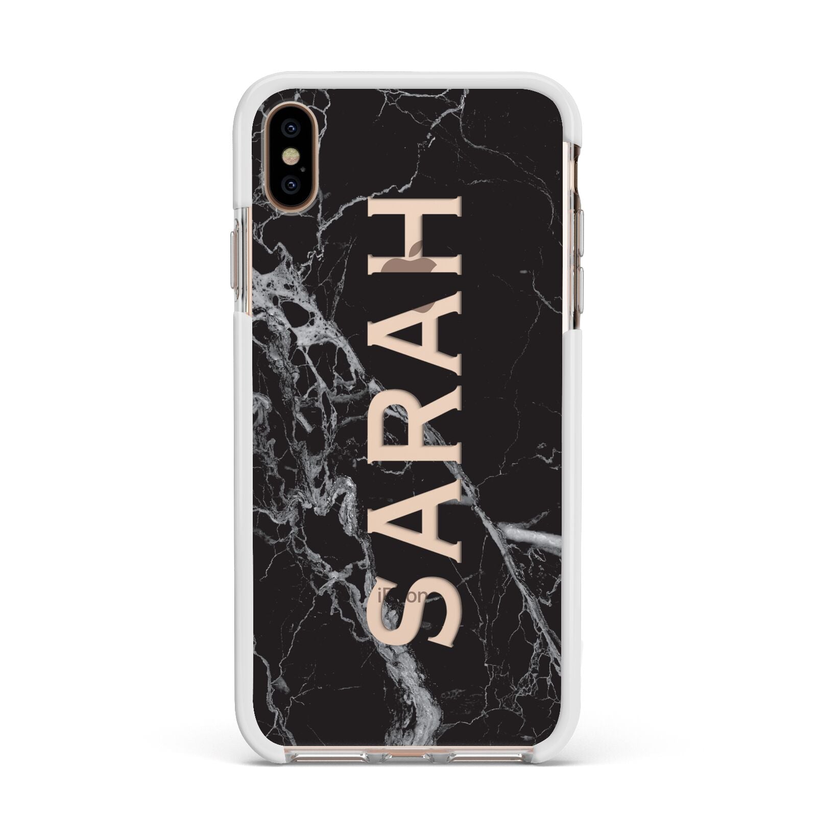 Personalised Clear Name Cutout Black Marble Custom Apple iPhone Xs Max Impact Case White Edge on Gold Phone