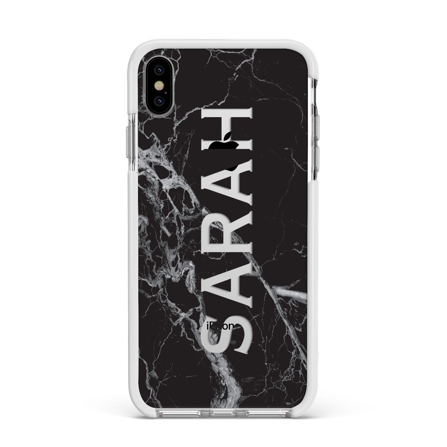 Personalised Clear Name Cutout Black Marble Custom Apple iPhone Xs Max Impact Case White Edge on Silver Phone