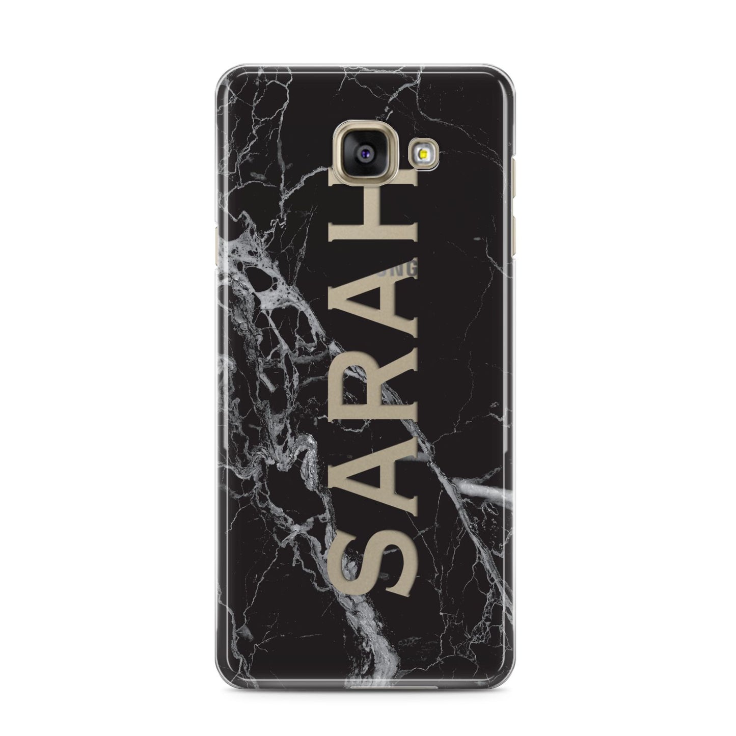 Personalised Clear Name Cutout Black Marble Custom Samsung Galaxy A3 2016 Case on gold phone