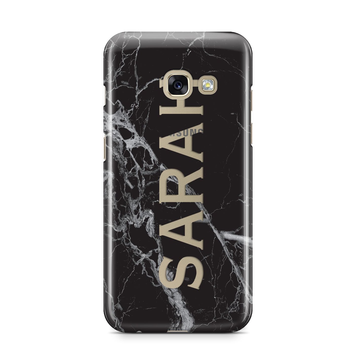 Personalised Clear Name Cutout Black Marble Custom Samsung Galaxy A3 2017 Case on gold phone