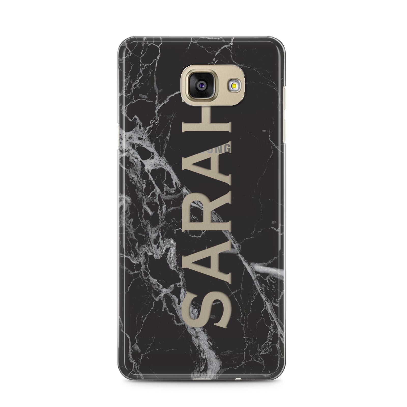 Personalised Clear Name Cutout Black Marble Custom Samsung Galaxy A5 2016 Case on gold phone