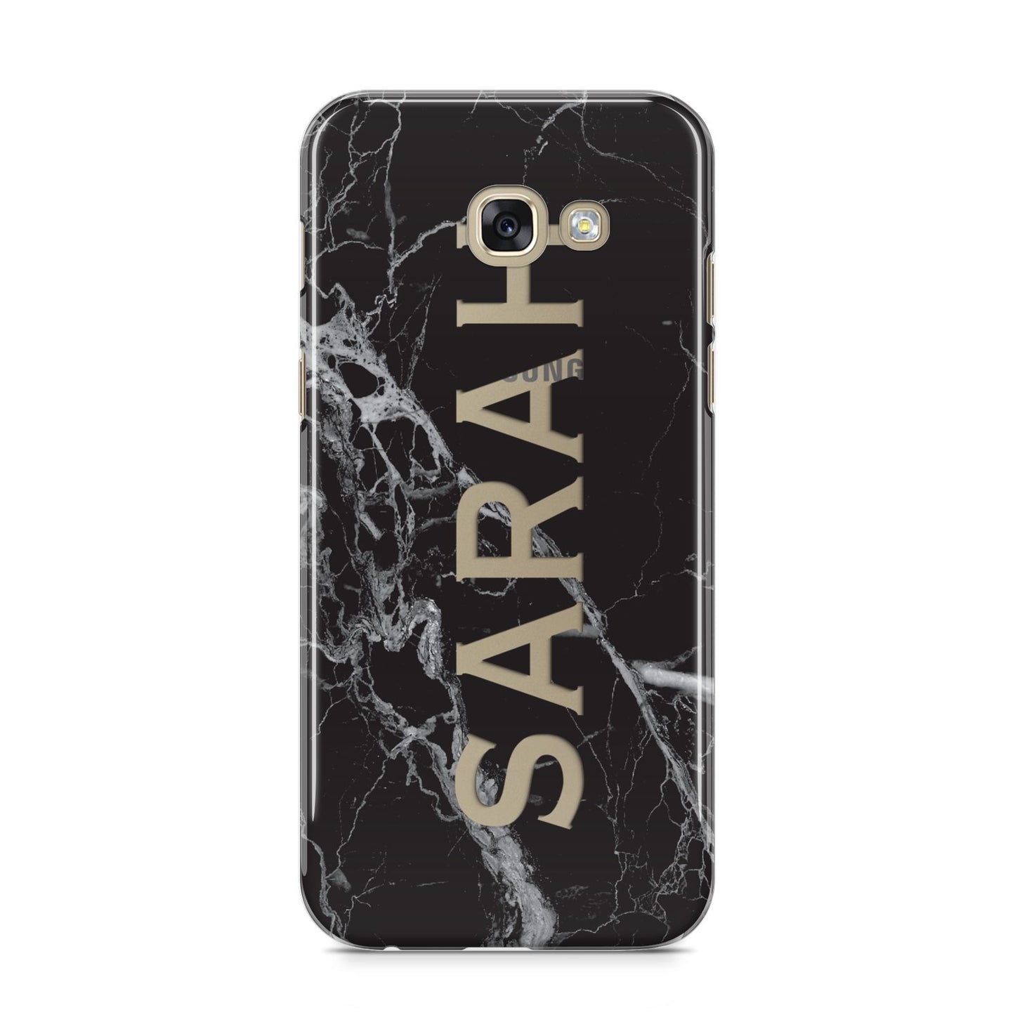 Personalised Clear Name Cutout Black Marble Custom Samsung Galaxy A5 2017 Case on gold phone