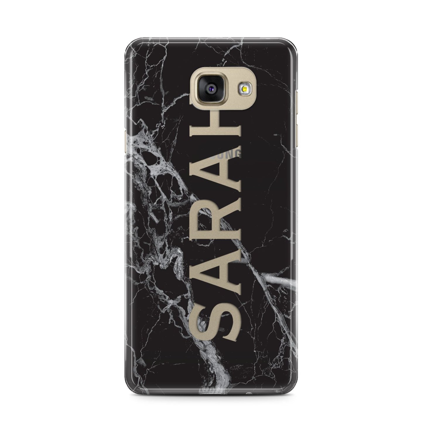 Personalised Clear Name Cutout Black Marble Custom Samsung Galaxy A7 2016 Case on gold phone