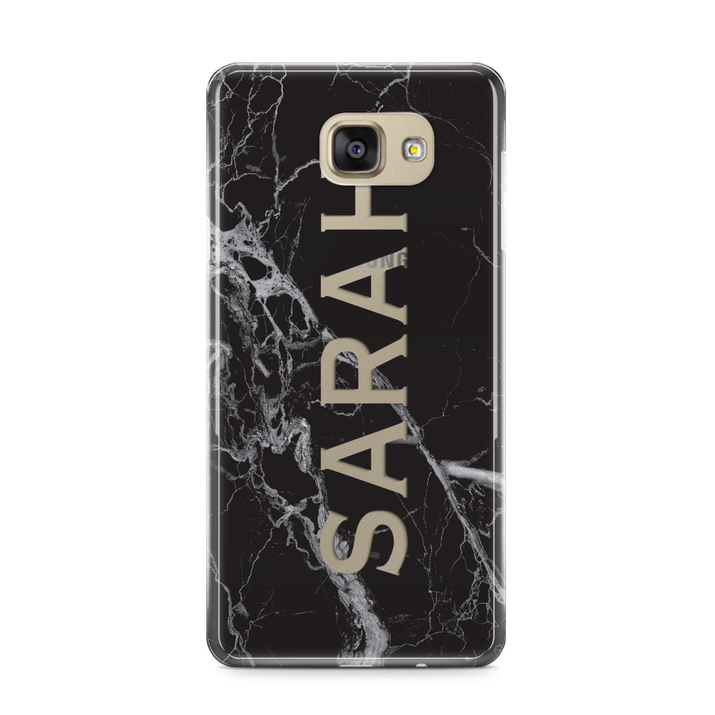 Personalised Clear Name Cutout Black Marble Custom Samsung Galaxy A9 2016 Case on gold phone