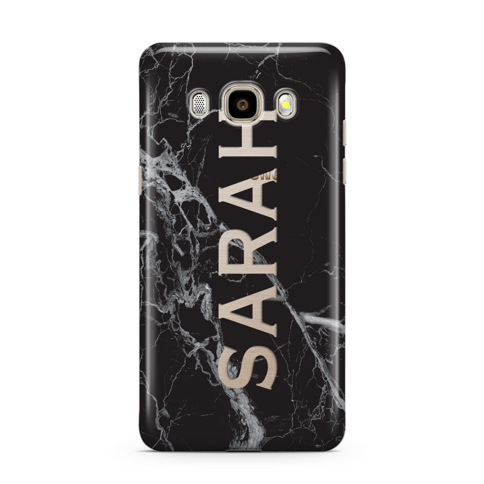 Personalised Clear Name Cutout Black Marble Custom Samsung Galaxy J7 2016 Case on gold phone