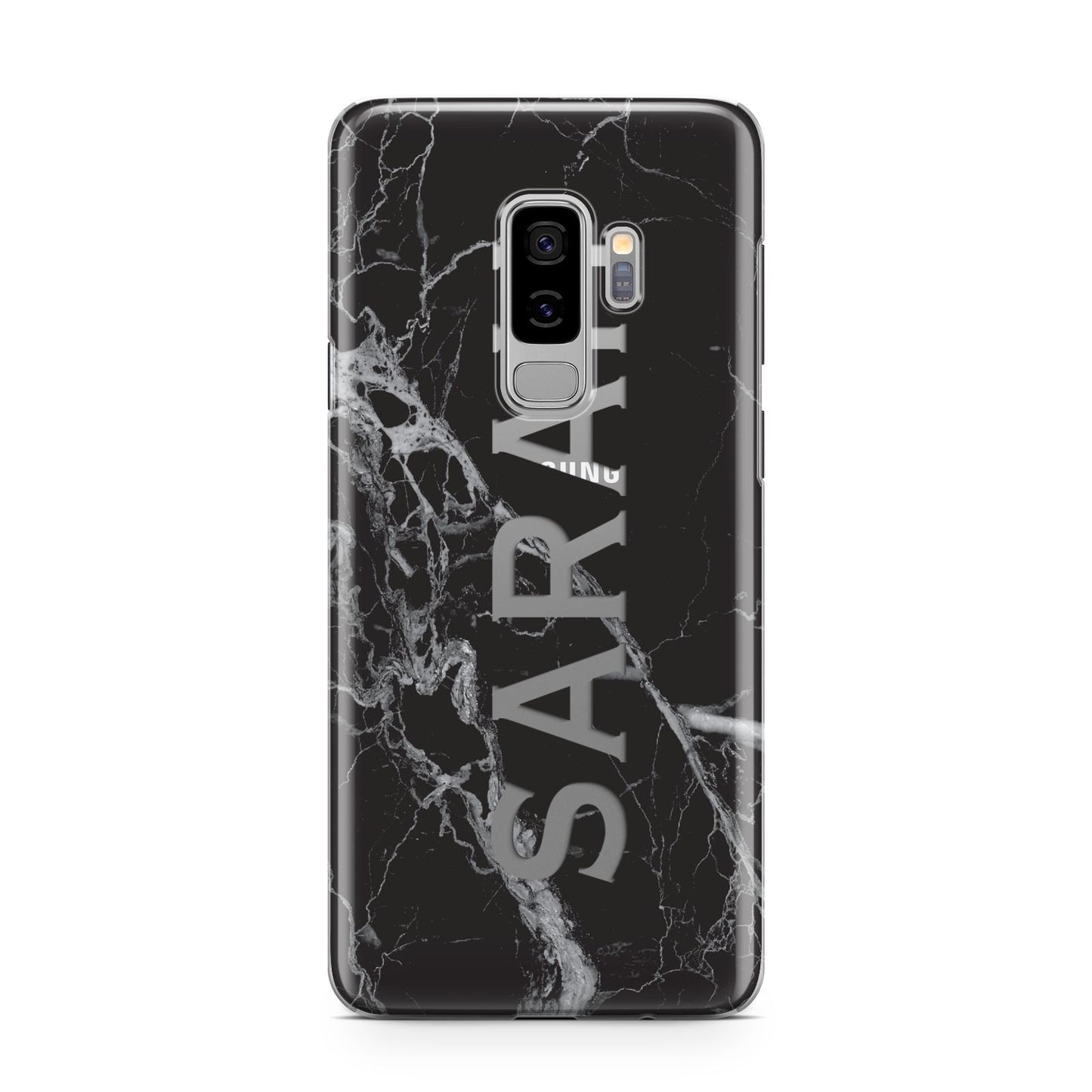 Personalised Clear Name Cutout Black Marble Custom Samsung Galaxy S9 Plus Case on Silver phone