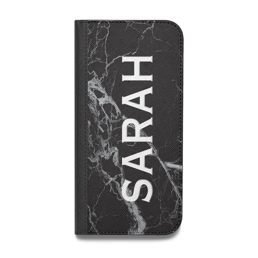 Personalised Clear Name Cutout Black Marble Custom Vegan Leather Flip iPhone Case