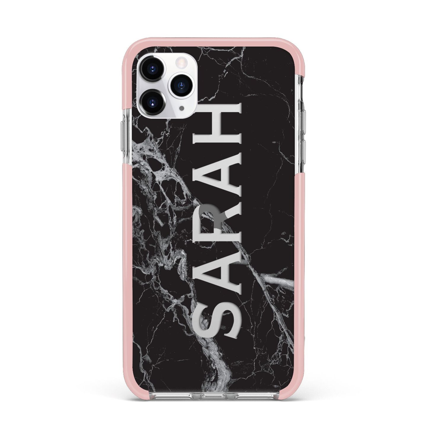 Personalised Clear Name Cutout Black Marble Custom iPhone 11 Pro Max Impact Pink Edge Case