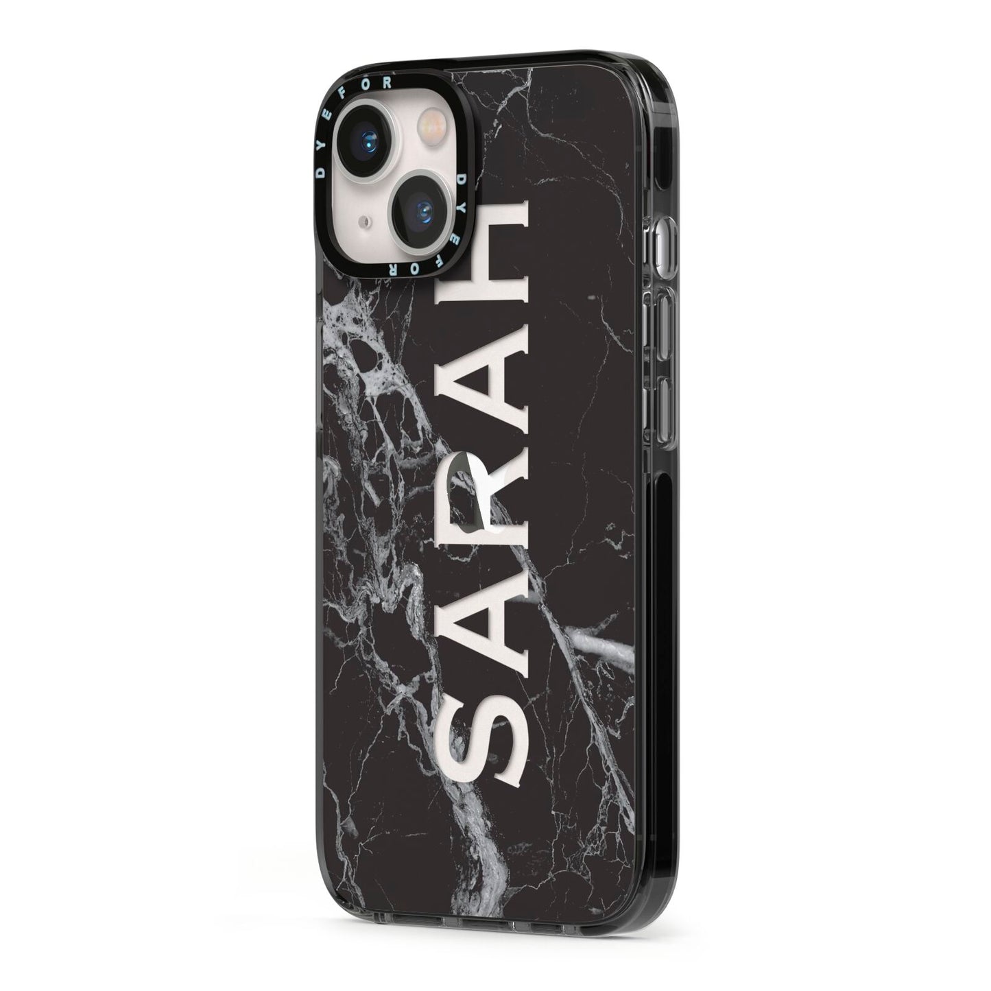 Personalised Clear Name Cutout Black Marble Custom iPhone 13 Black Impact Case Side Angle on Silver phone