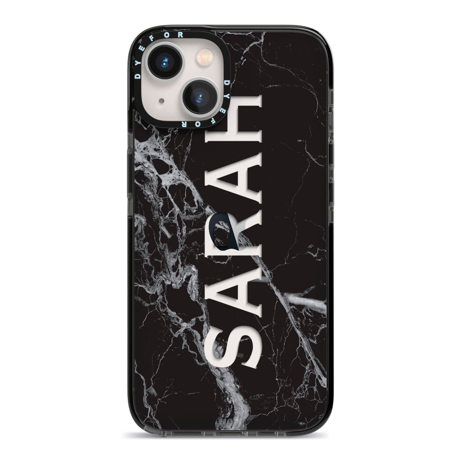 Personalised Clear Name Cutout Black Marble Custom iPhone 13 Black Impact Case on Silver phone