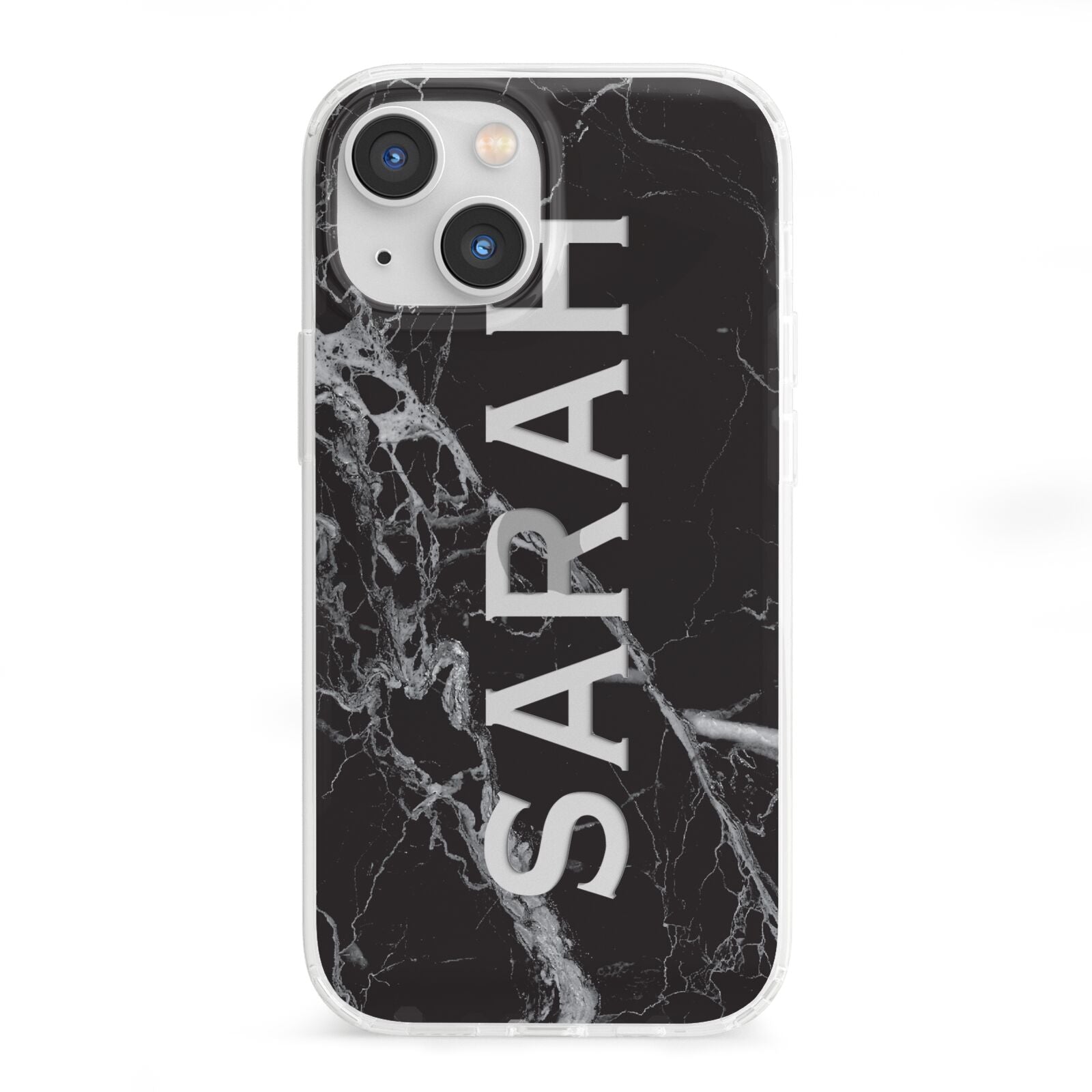 Personalised Clear Name Cutout Black Marble Custom iPhone 13 Mini Clear Bumper Case