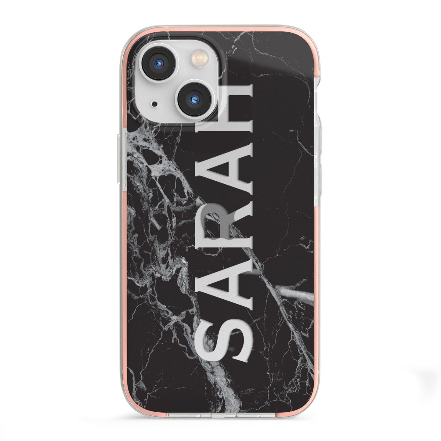 Personalised Clear Name Cutout Black Marble Custom iPhone 13 Mini TPU Impact Case with Pink Edges