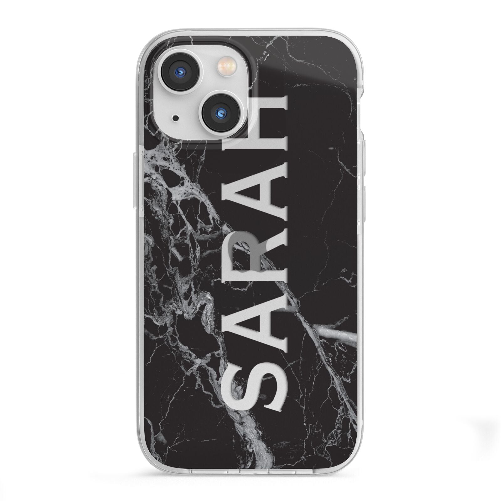 Personalised Clear Name Cutout Black Marble Custom iPhone 13 Mini TPU Impact Case with White Edges