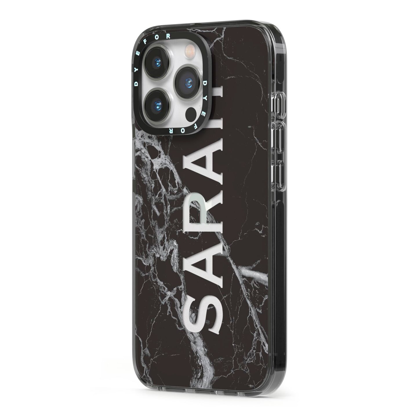 Personalised Clear Name Cutout Black Marble Custom iPhone 13 Pro Black Impact Case Side Angle on Silver phone