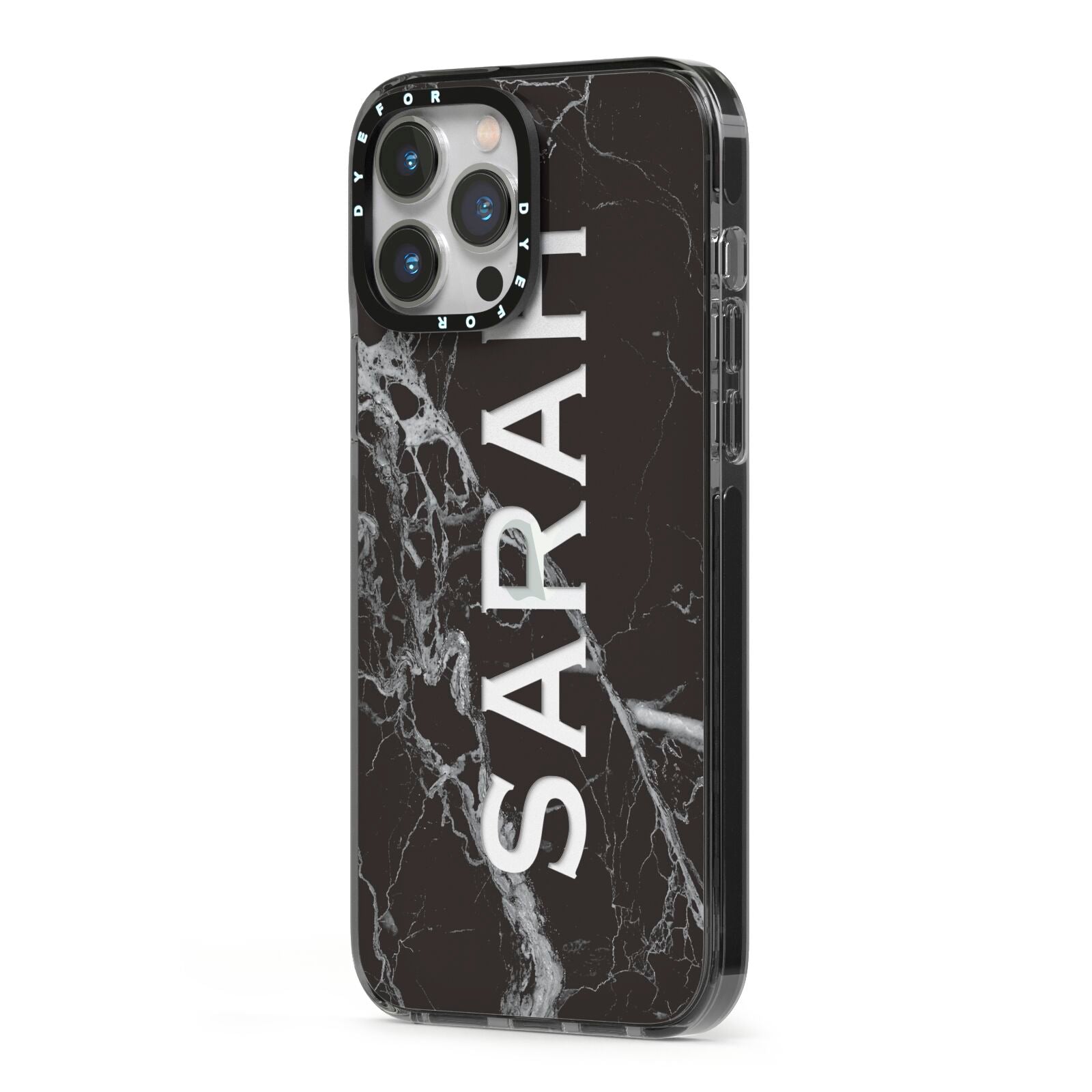 Personalised Clear Name Cutout Black Marble Custom iPhone 13 Pro Max Black Impact Case Side Angle on Silver phone