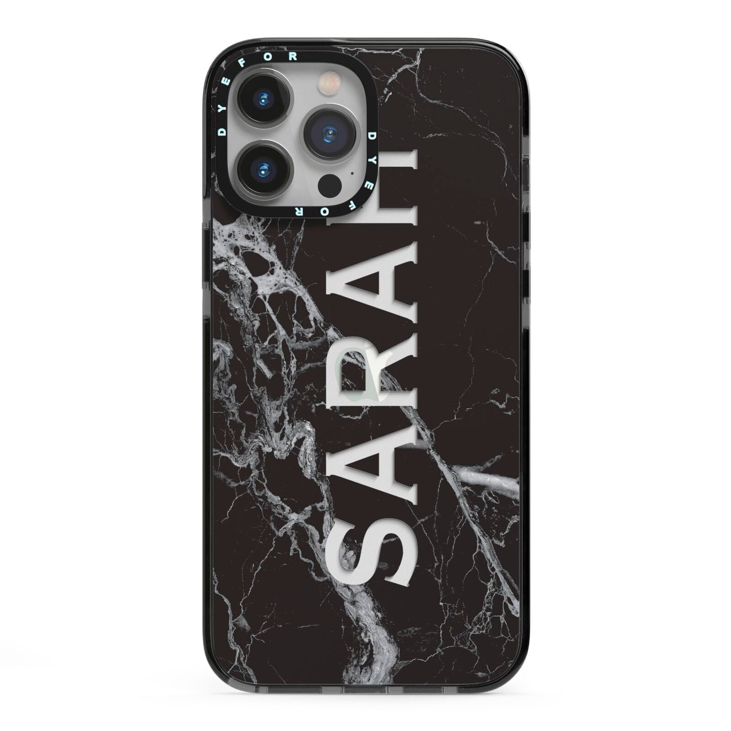 Personalised Clear Name Cutout Black Marble Custom iPhone 13 Pro Max Black Impact Case on Silver phone