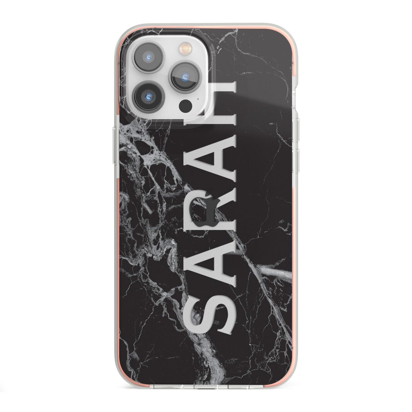 Personalised Clear Name Cutout Black Marble Custom iPhone 13 Pro Max TPU Impact Case with Pink Edges