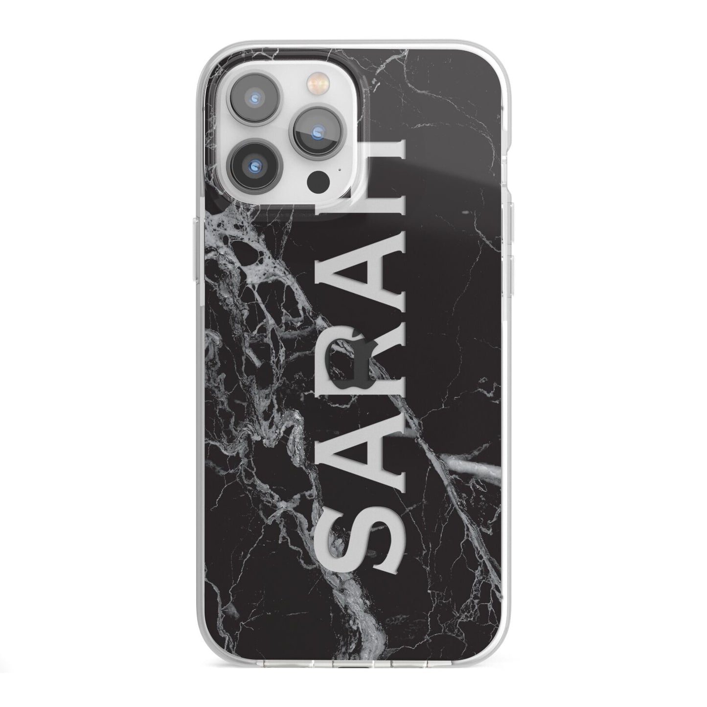 Personalised Clear Name Cutout Black Marble Custom iPhone 13 Pro Max TPU Impact Case with White Edges