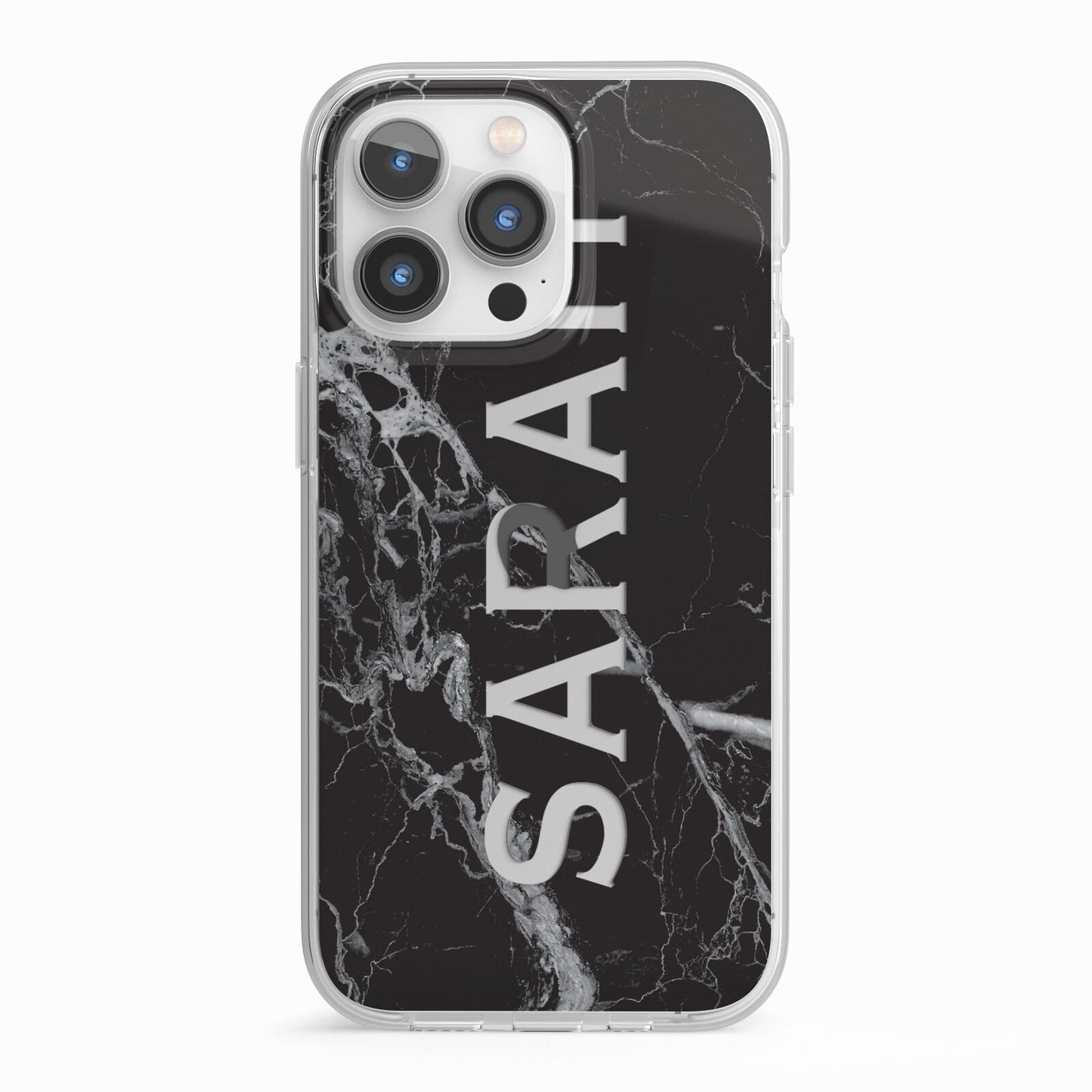 Personalised Clear Name Cutout Black Marble Custom iPhone 13 Pro TPU Impact Case with White Edges