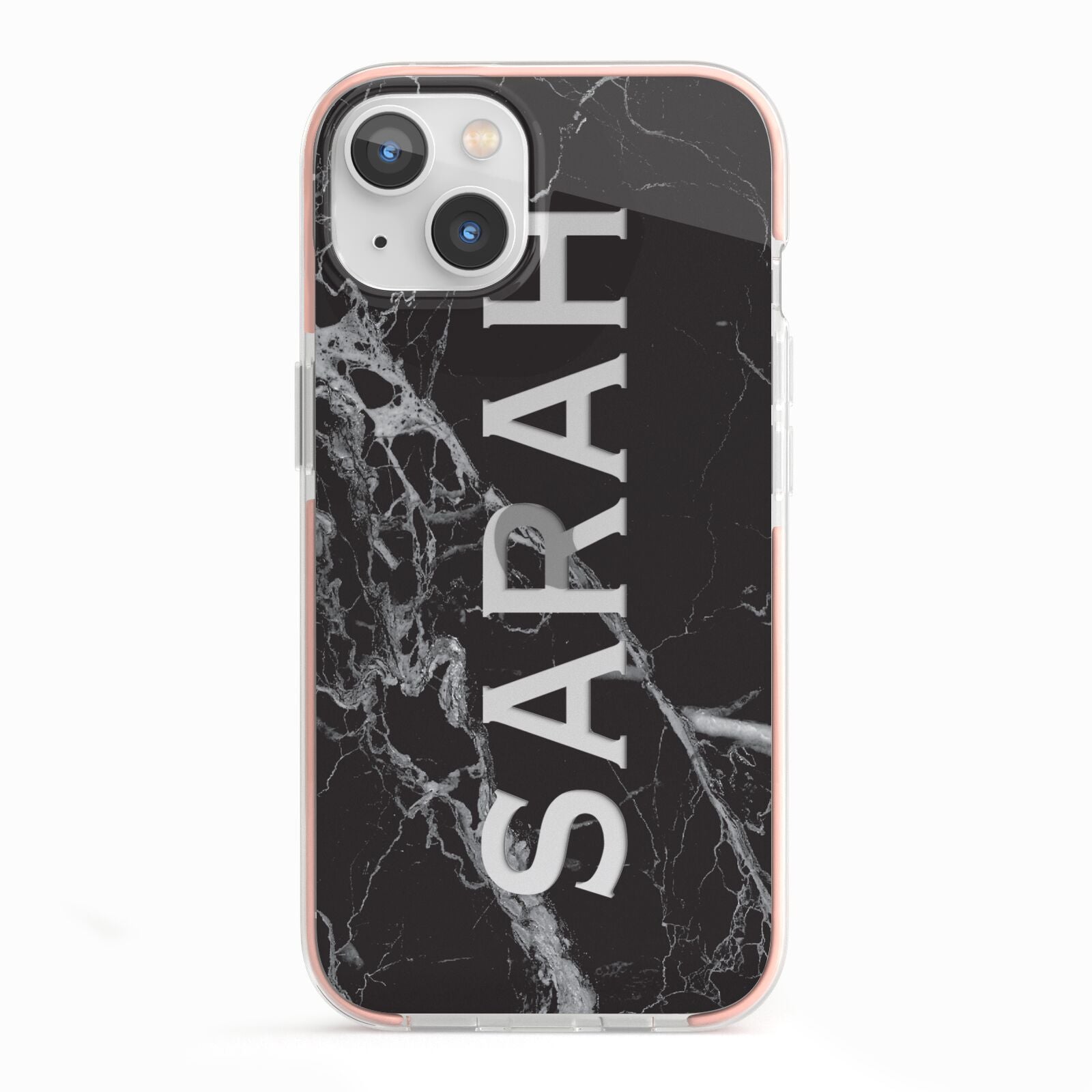 Personalised Clear Name Cutout Black Marble Custom iPhone 13 TPU Impact Case with Pink Edges