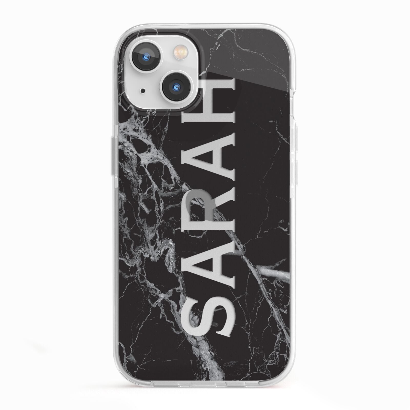 Personalised Clear Name Cutout Black Marble Custom iPhone 13 TPU Impact Case with White Edges