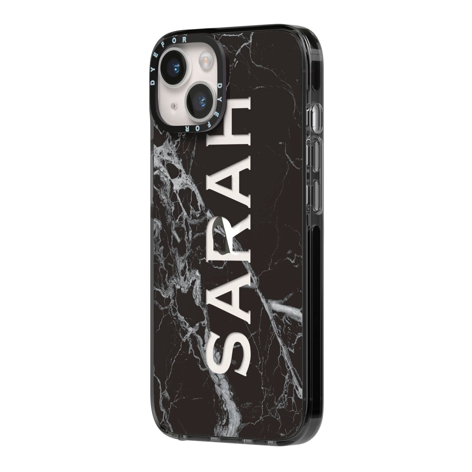 Personalised Clear Name Cutout Black Marble Custom iPhone 14 Black Impact Case Side Angle on Silver phone