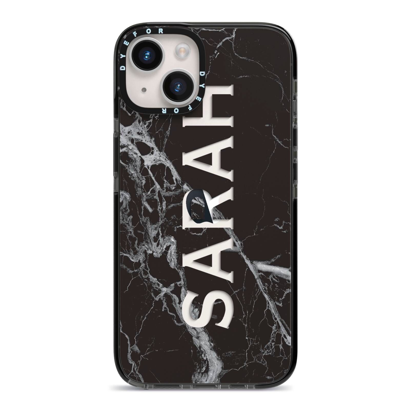 Personalised Clear Name Cutout Black Marble Custom iPhone 14 Black Impact Case on Silver phone