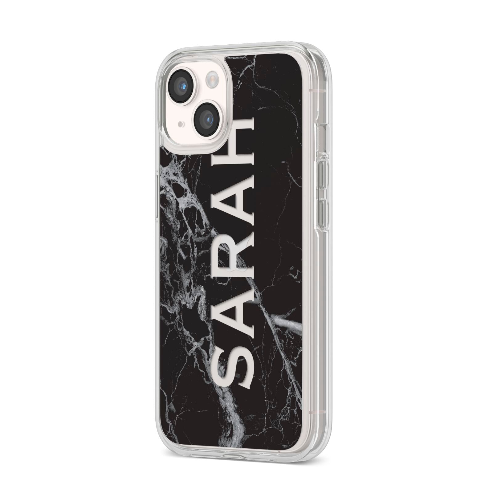 Personalised Clear Name Cutout Black Marble Custom iPhone 14 Clear Tough Case Starlight Angled Image