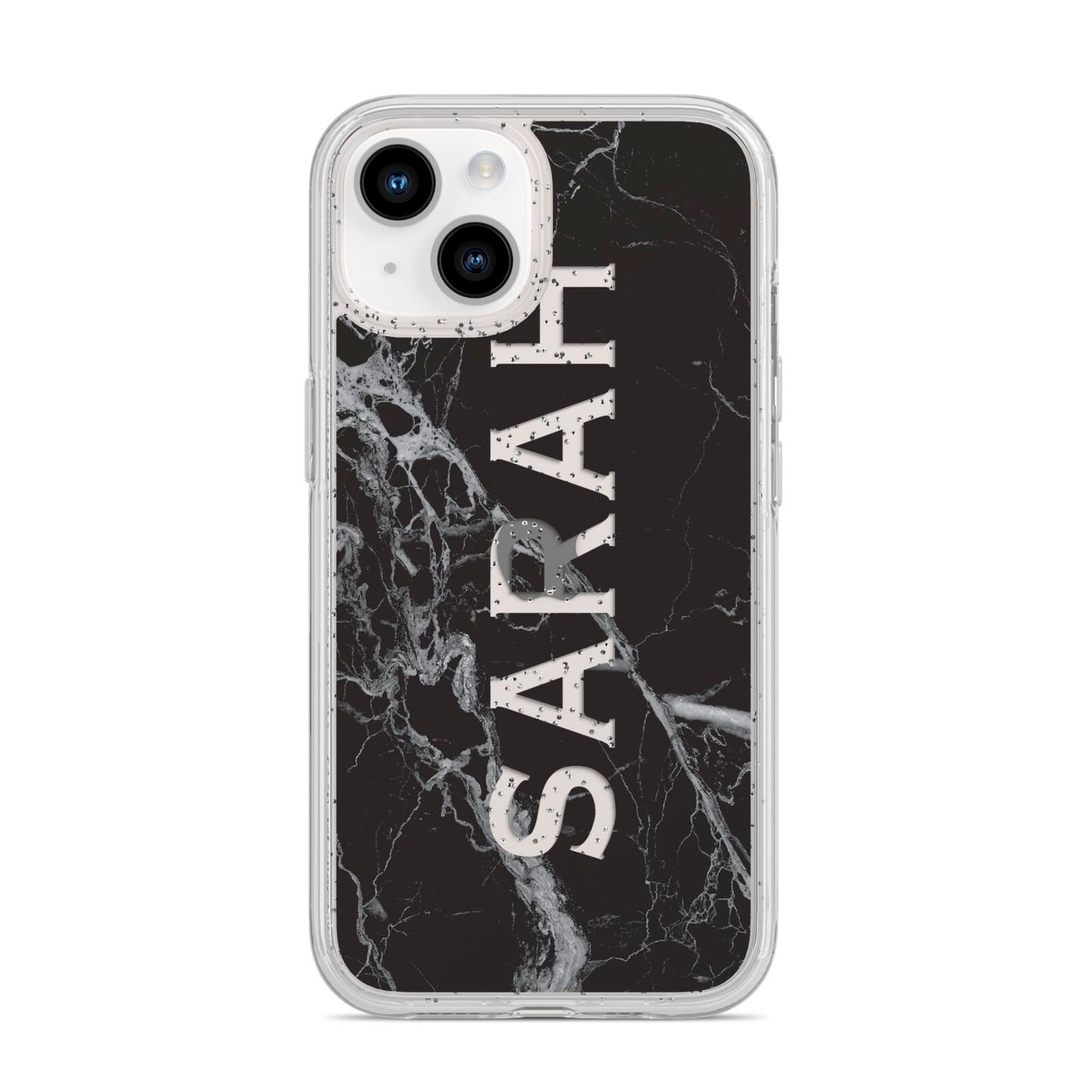 Personalised Clear Name Cutout Black Marble Custom iPhone 14 Glitter Tough Case Starlight