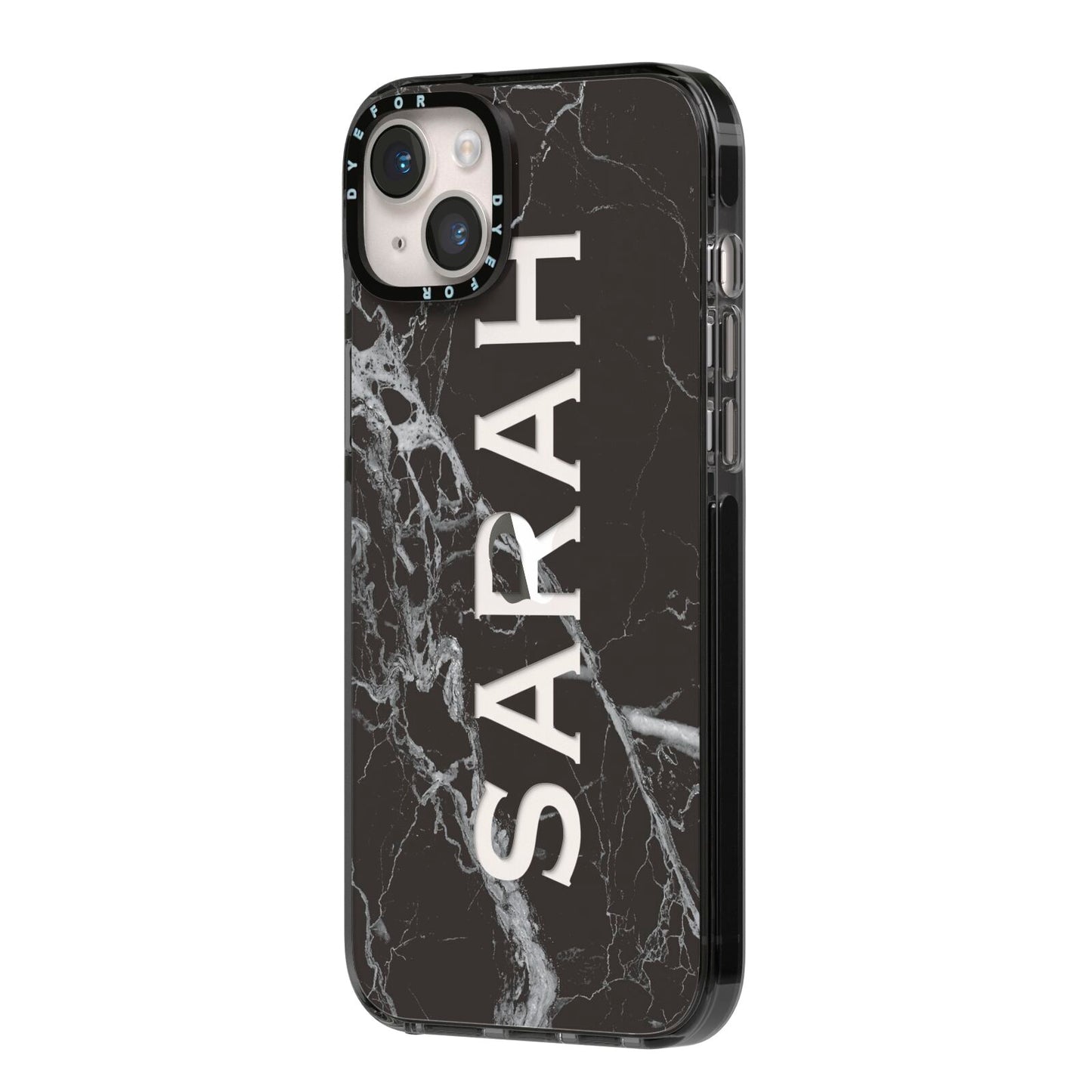 Personalised Clear Name Cutout Black Marble Custom iPhone 14 Plus Black Impact Case Side Angle on Silver phone