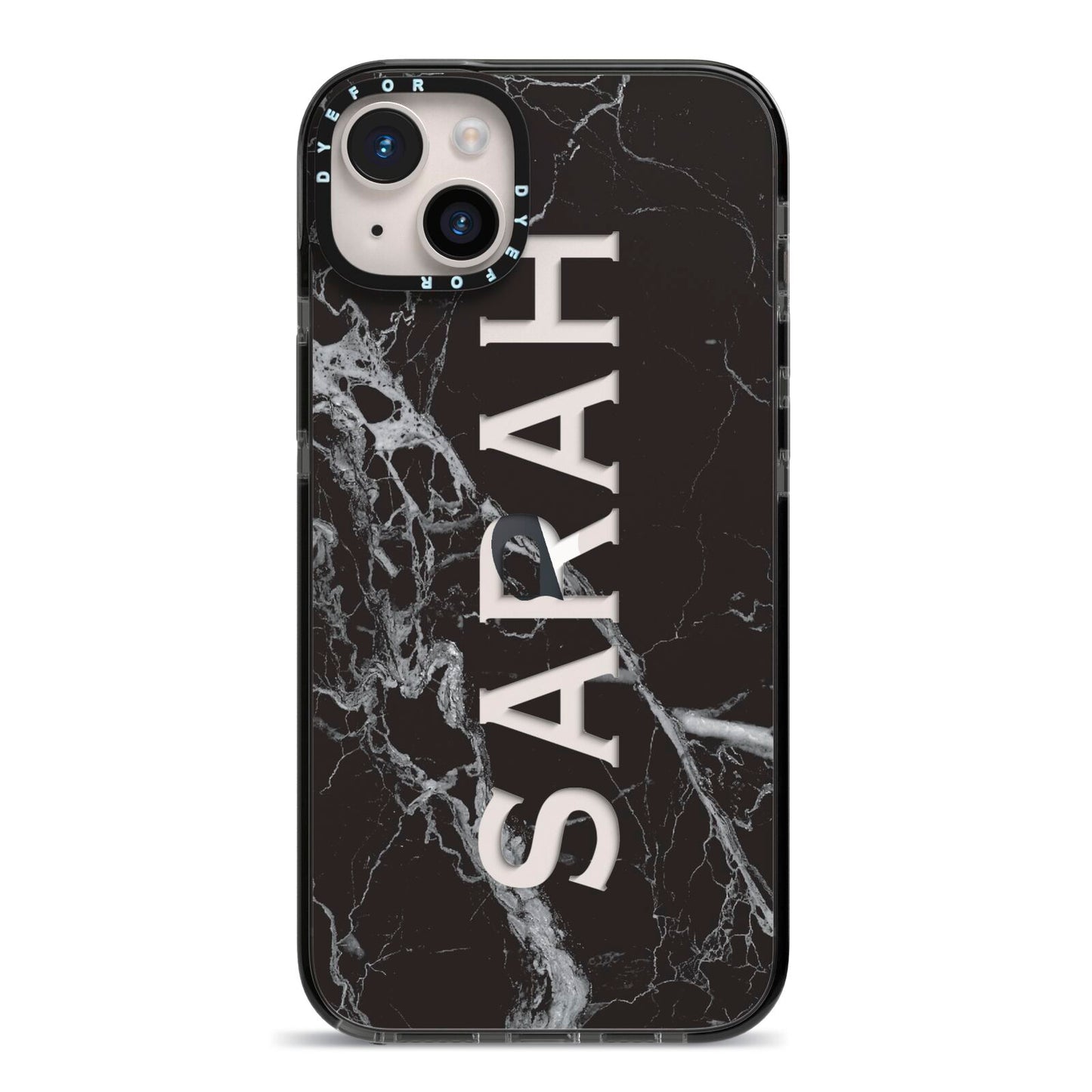 Personalised Clear Name Cutout Black Marble Custom iPhone 14 Plus Black Impact Case on Silver phone