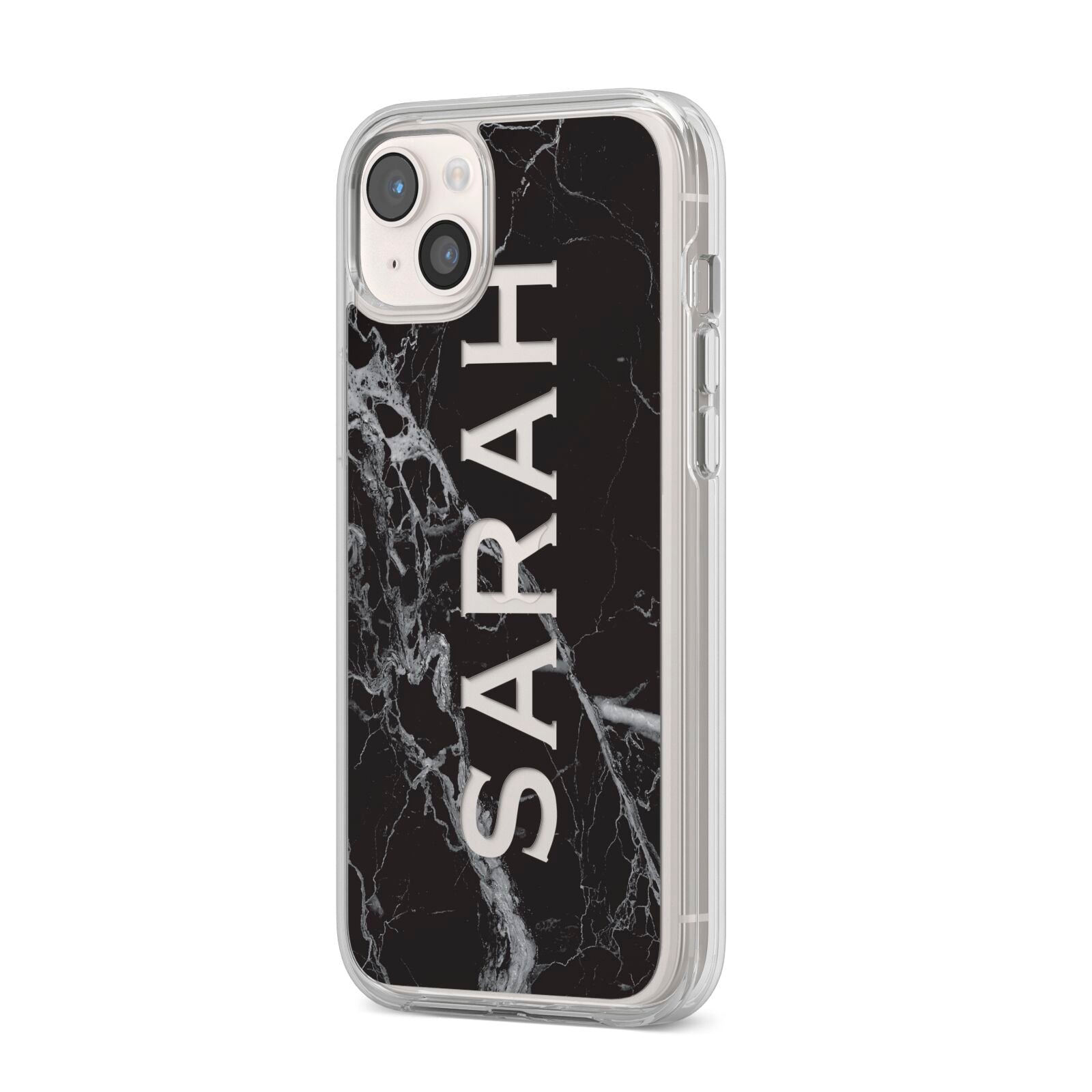 Personalised Clear Name Cutout Black Marble Custom iPhone 14 Plus Clear Tough Case Starlight Angled Image