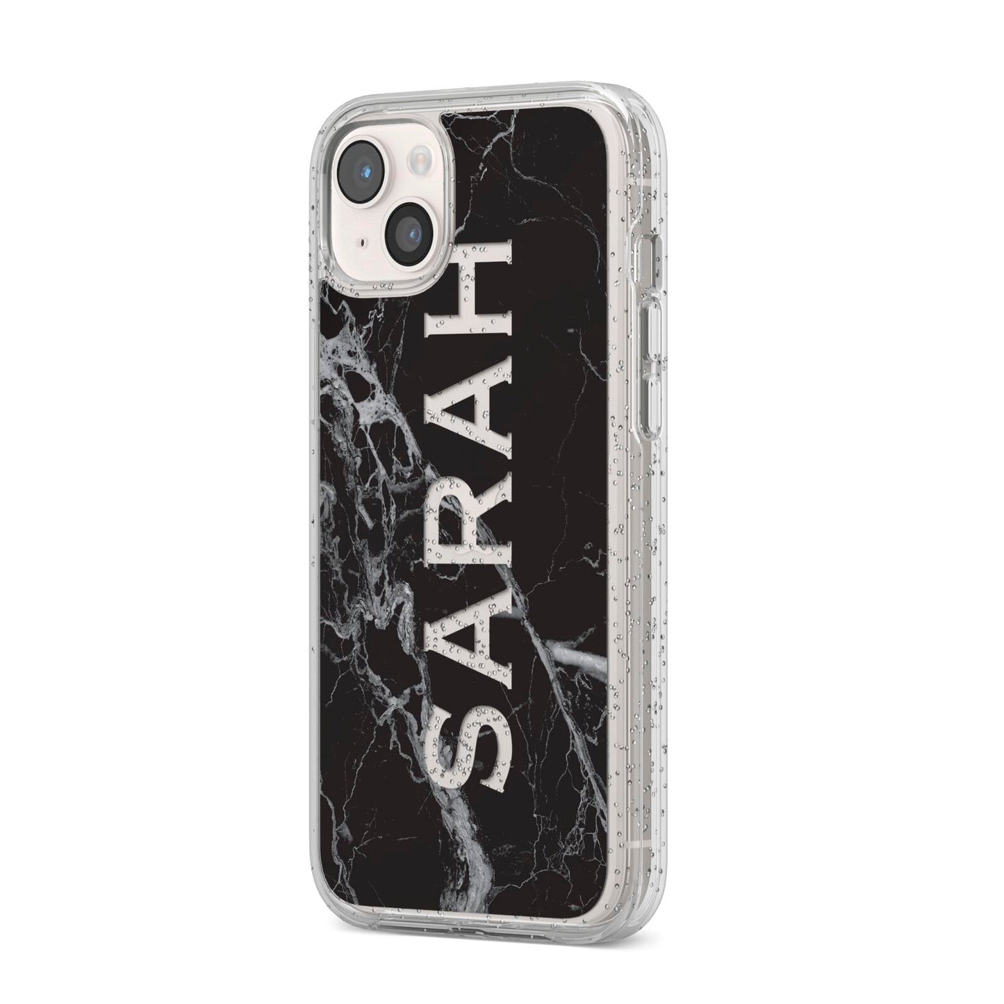 Personalised Clear Name Cutout Black Marble Custom iPhone 14 Plus Glitter Tough Case Starlight Angled Image