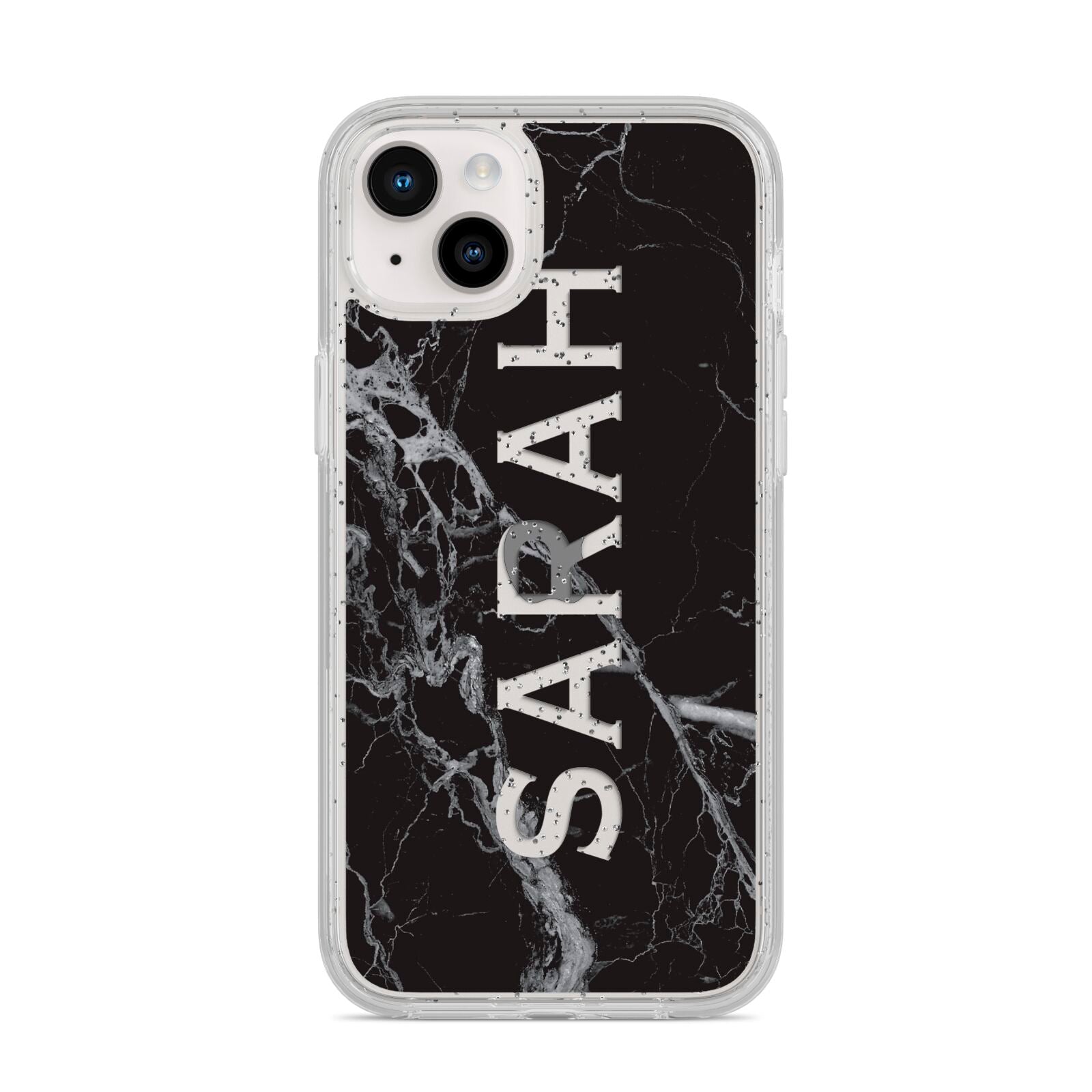 Personalised Clear Name Cutout Black Marble Custom iPhone 14 Plus Glitter Tough Case Starlight