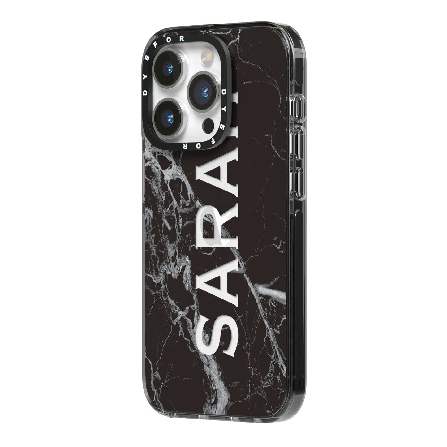 Personalised Clear Name Cutout Black Marble Custom iPhone 14 Pro Black Impact Case Side Angle on Silver phone