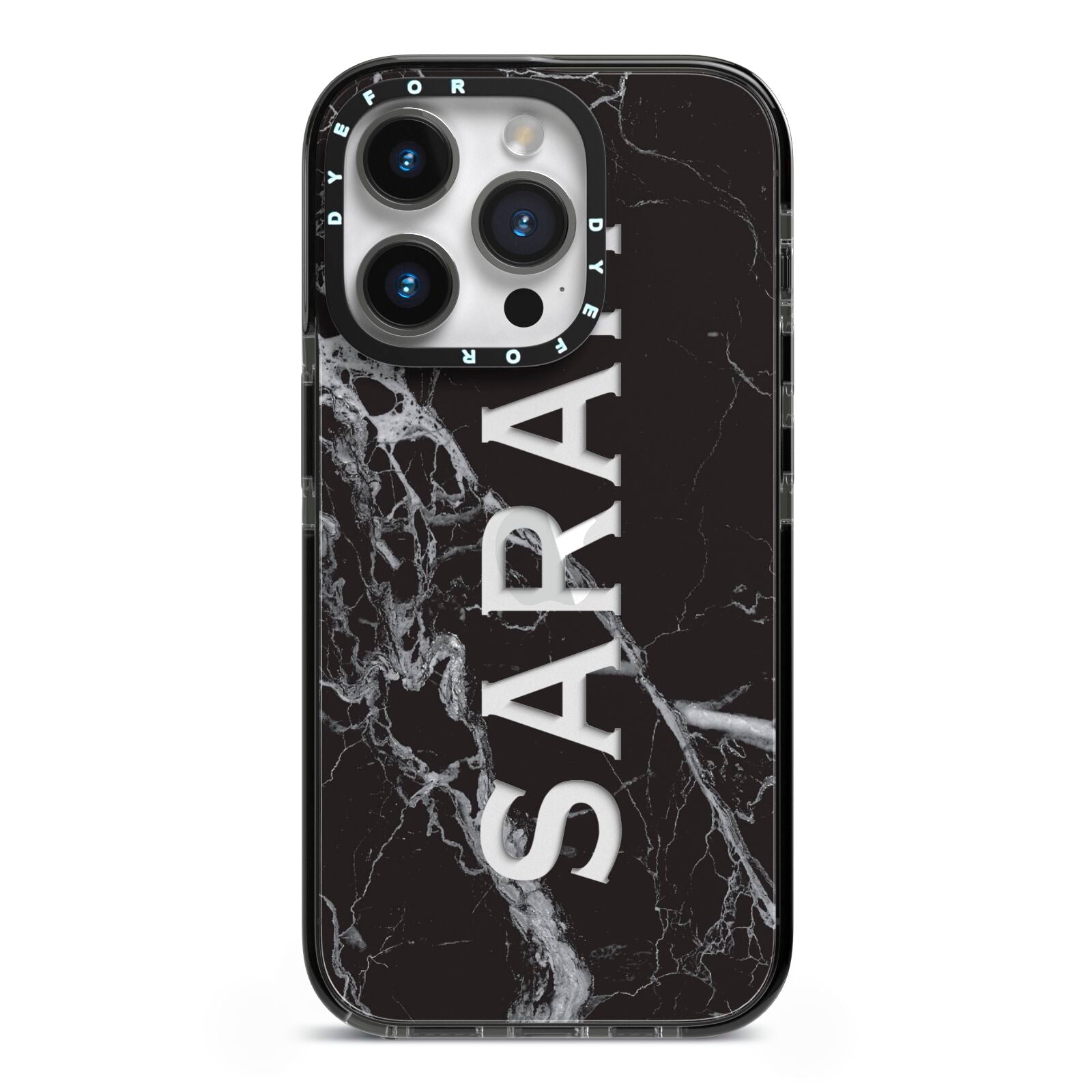 Personalised Clear Name Cutout Black Marble Custom iPhone 14 Pro Black Impact Case on Silver phone