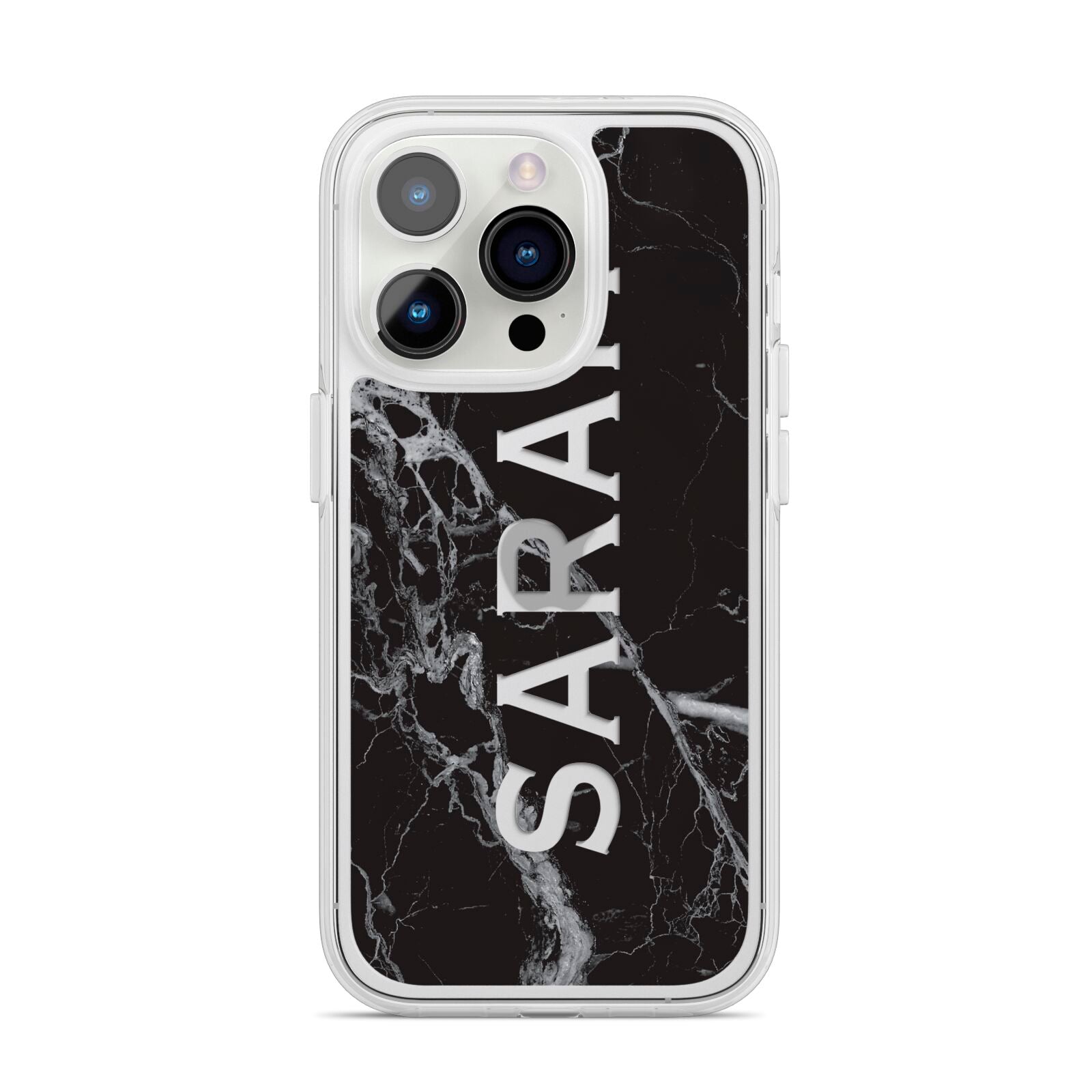 Personalised Clear Name Cutout Black Marble Custom iPhone 14 Pro Clear Tough Case Silver