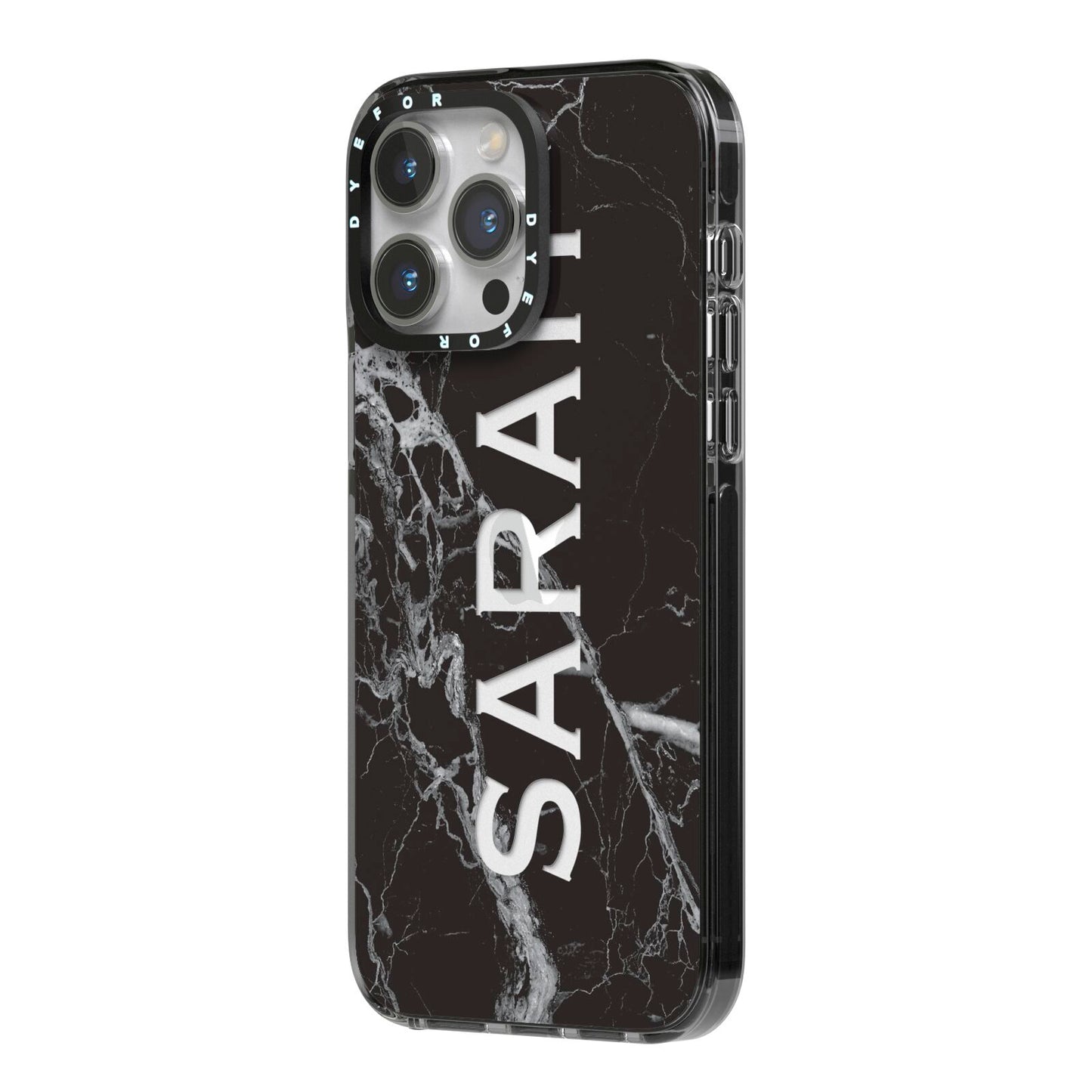 Personalised Clear Name Cutout Black Marble Custom iPhone 14 Pro Max Black Impact Case Side Angle on Silver phone