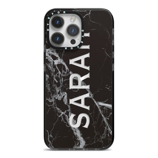 Personalised Clear Name Cutout Black Marble Custom iPhone 14 Pro Max Black Impact Case on Silver phone