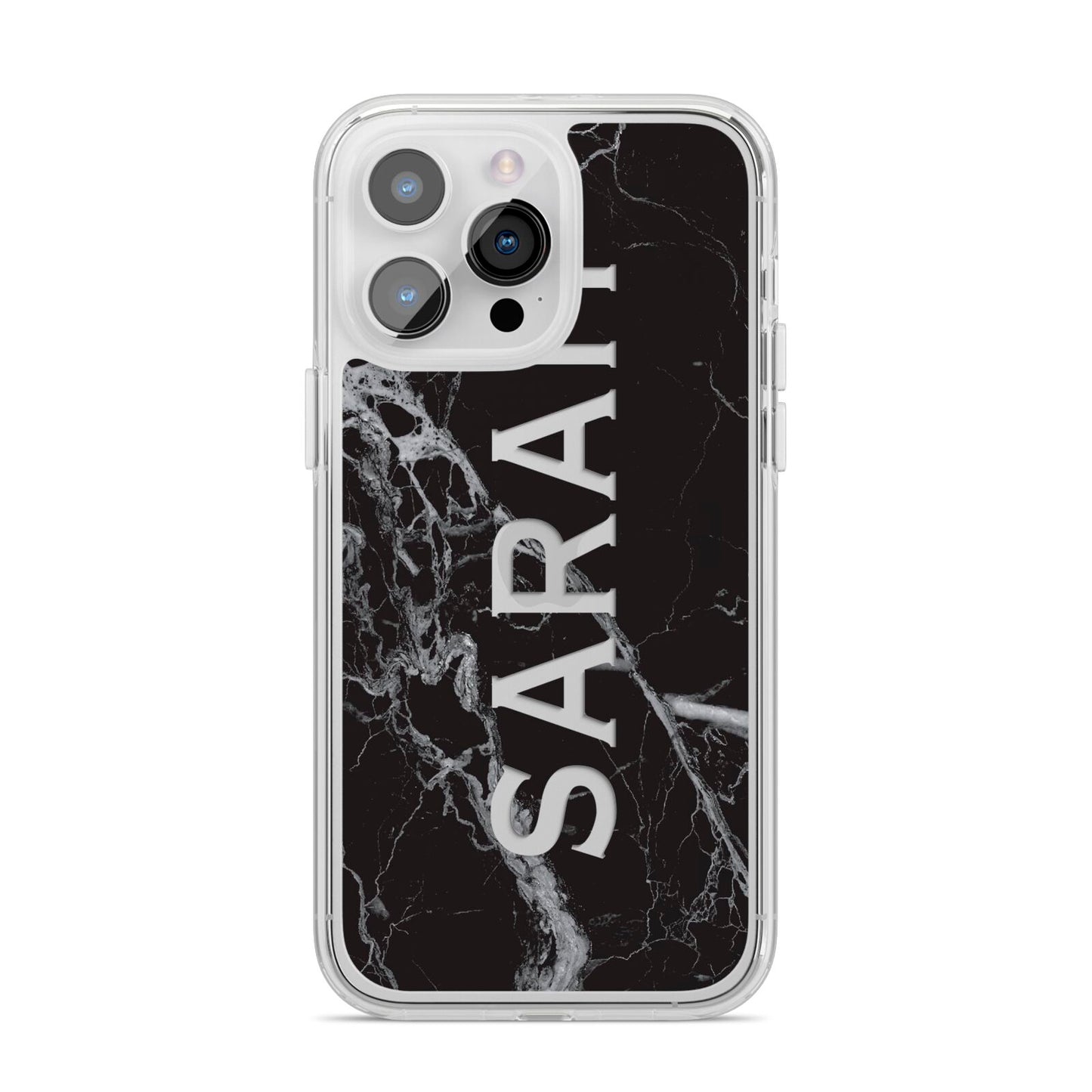 Personalised Clear Name Cutout Black Marble Custom iPhone 14 Pro Max Clear Tough Case Silver