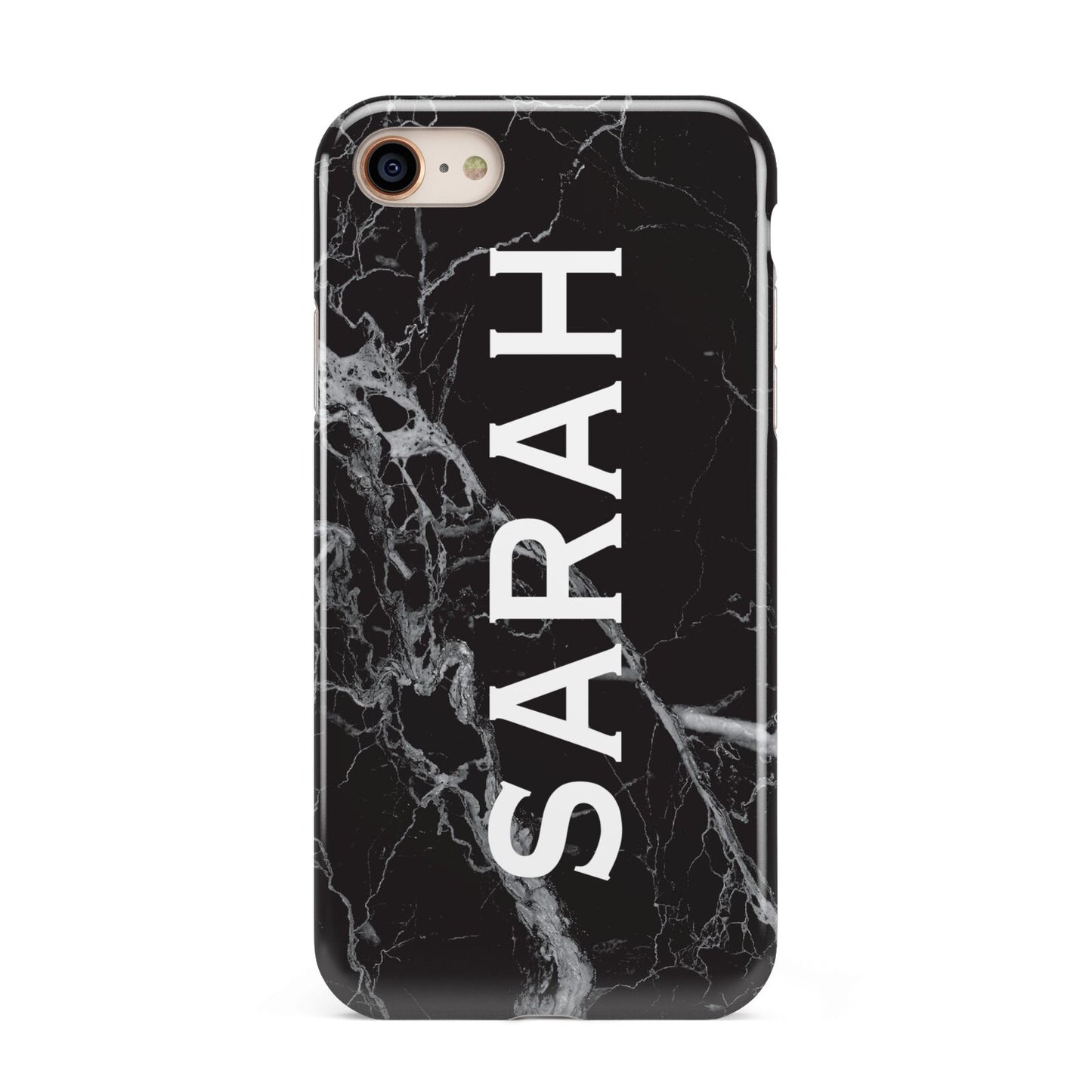 Personalised Clear Name Cutout Black Marble Custom iPhone 8 3D Tough Case on Gold Phone