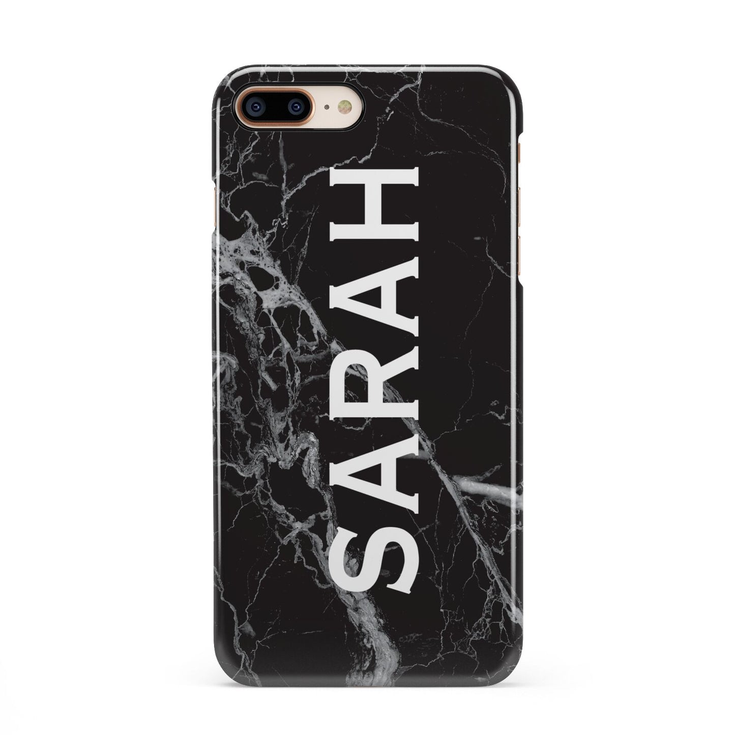 Personalised Clear Name Cutout Black Marble Custom iPhone 8 Plus 3D Snap Case on Gold Phone