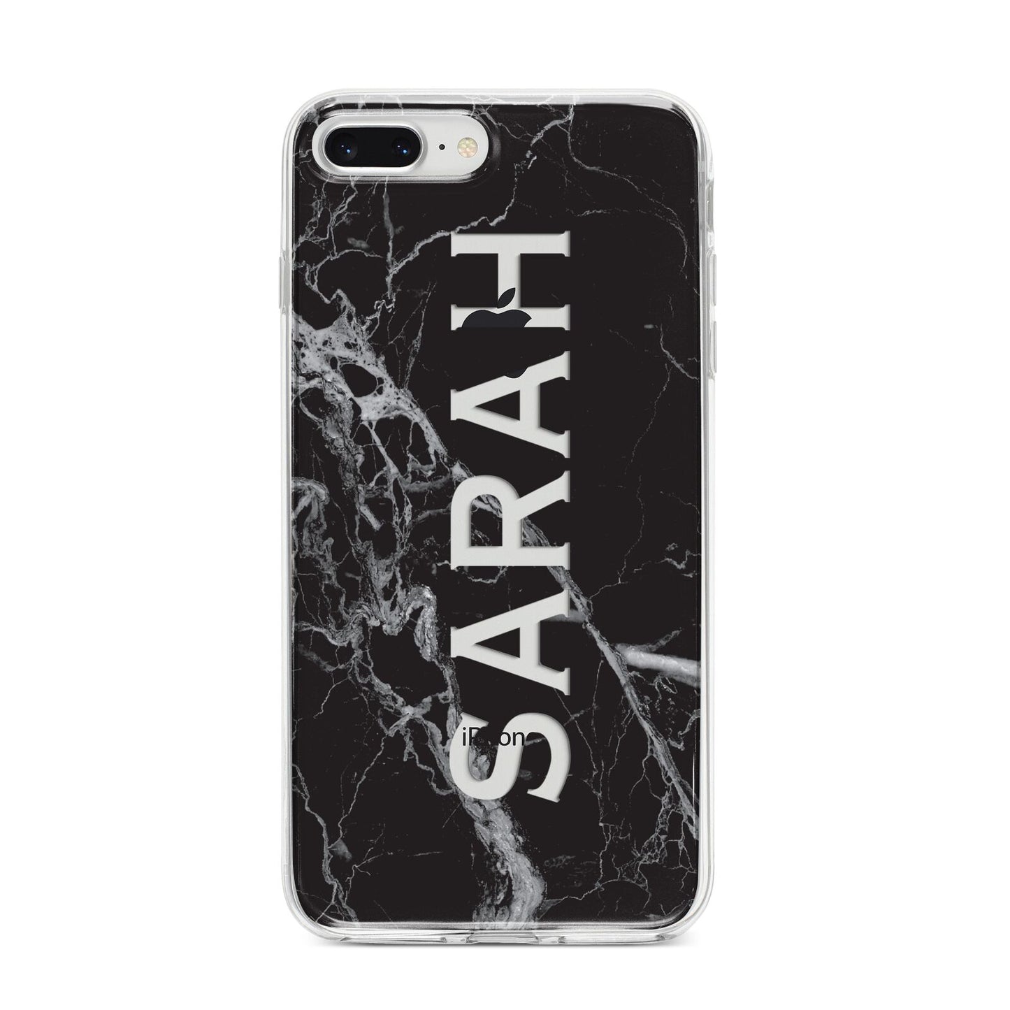 Personalised Clear Name Cutout Black Marble Custom iPhone 8 Plus Bumper Case on Silver iPhone