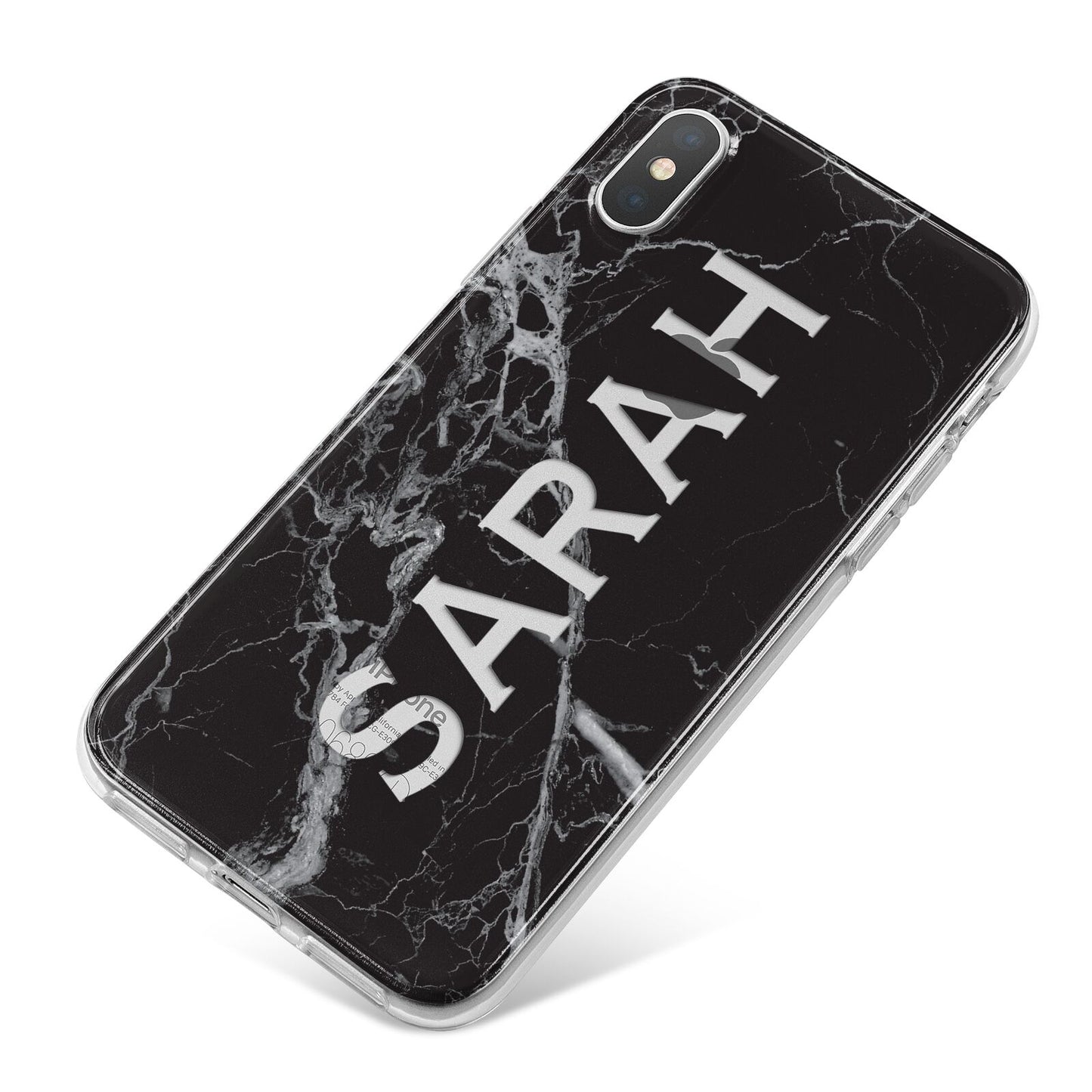 Personalised Clear Name Cutout Black Marble Custom iPhone X Bumper Case on Silver iPhone